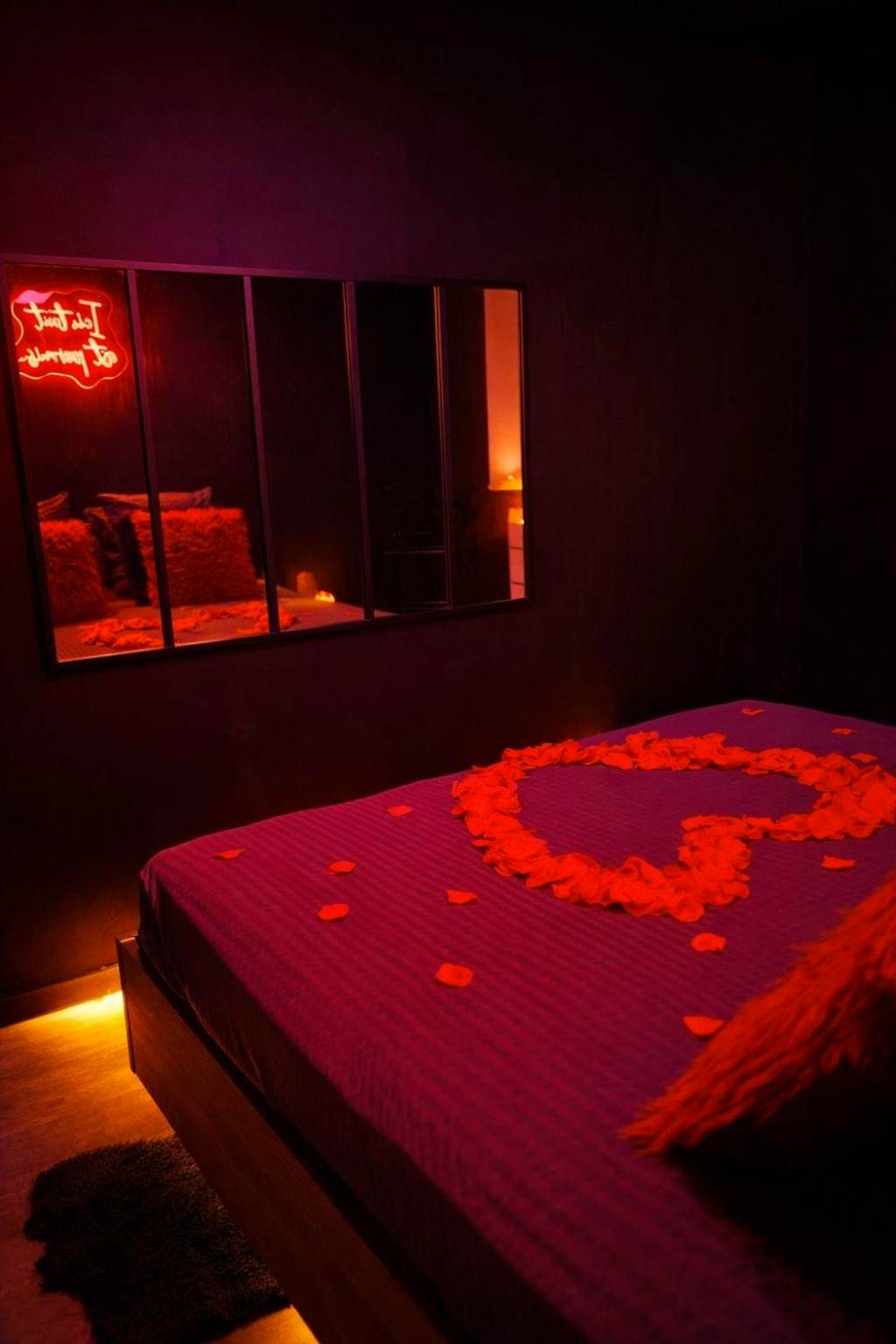 Détail du lit avec pétales de rose et miroir - Eden House, Cocon sensuel et romantique avec jacuzzi