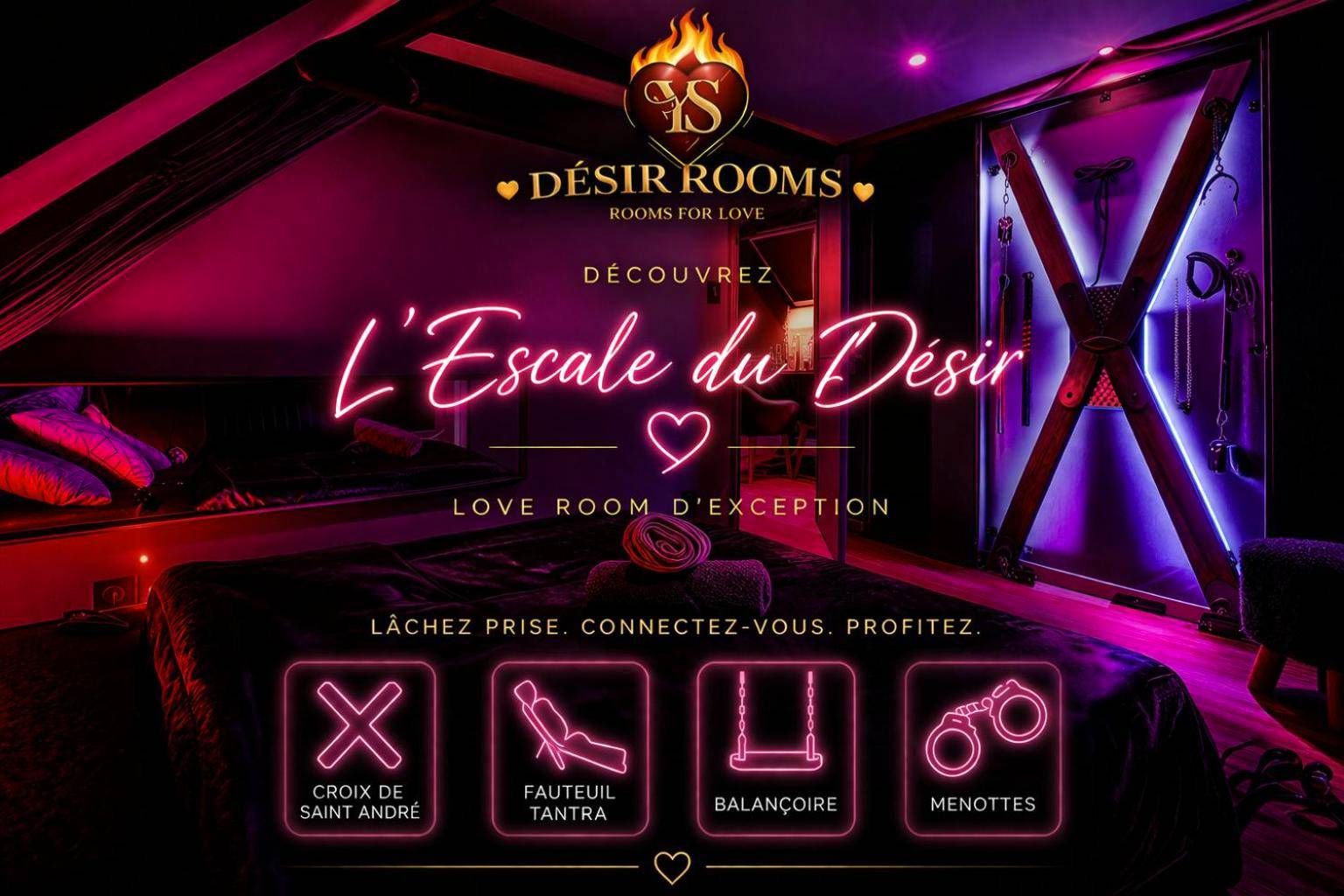 Photo - Love Room Escale du Desir - Balançoire d'amour, Croix de Saint André, Menottes et Fauteuil...
