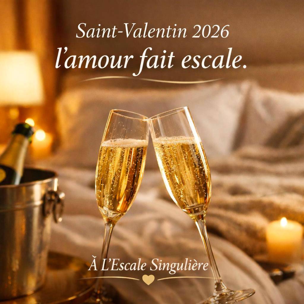 Flûtes de champagne devant un lit douillet - Love Room Sète - Escale Singulière - Luxe & balnéo à Sète