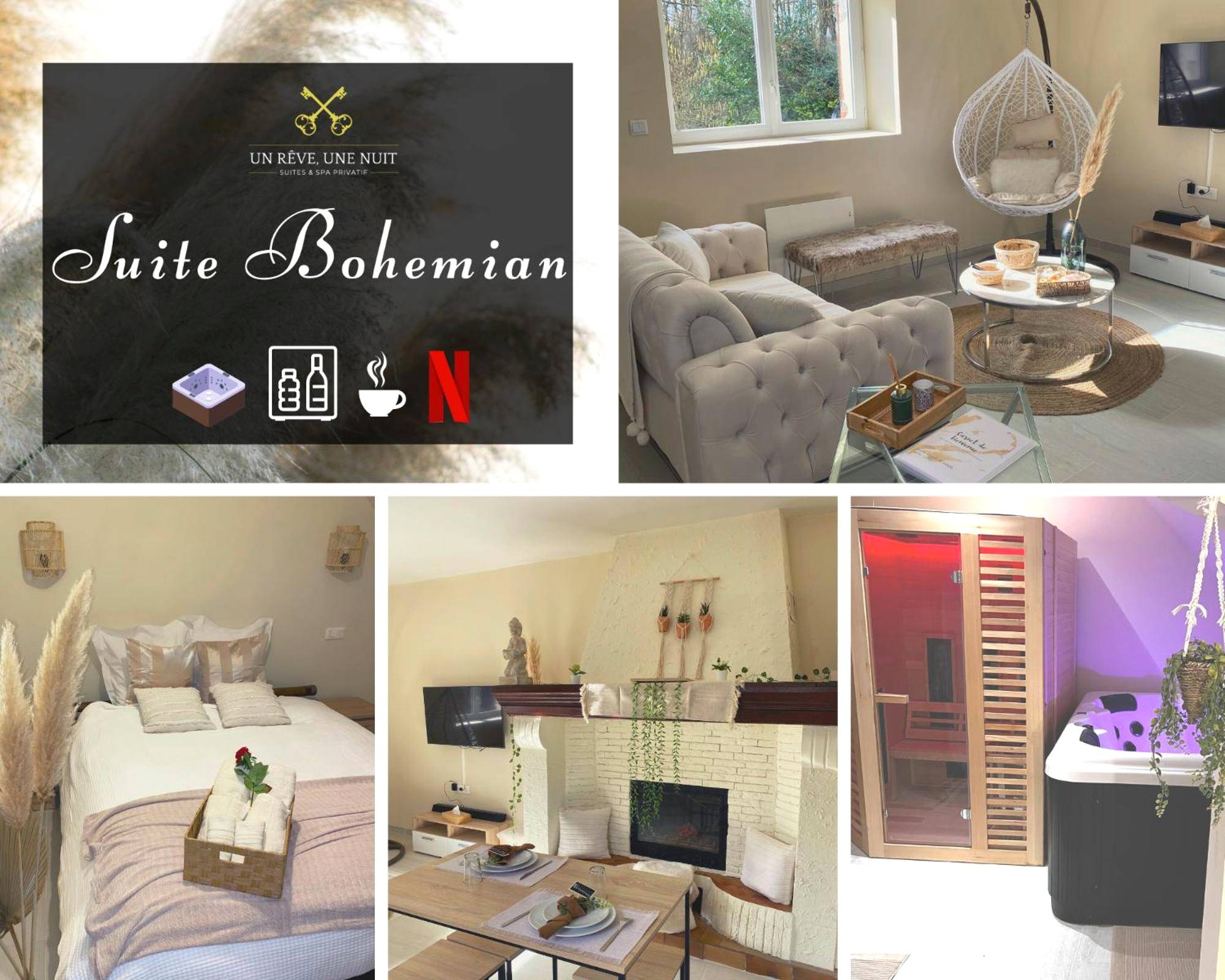 Échelle décorative en bambou et pampas - Love Room Fontenoy - Escapade amoureuse - Jaccuzi et Sauna PRIVÉ