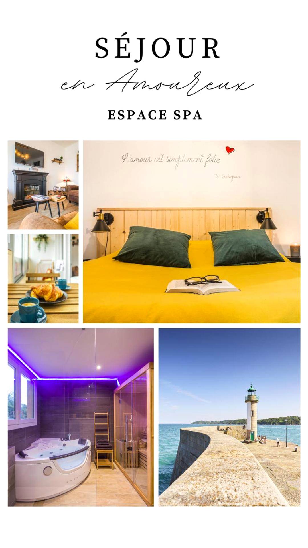 Lit double avec parure jaune et coussins verts - Love Room Binic - Escapade en Bord de mer avec Sauna et Spa Privés