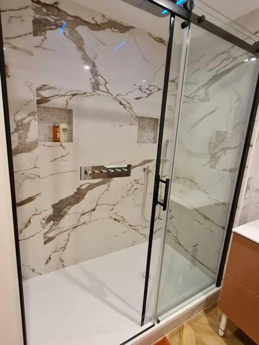 Douche à l'italienne avec parois effet marbre - Spa - Sauna - Ciel de pluie tropicale - Champagne Nuit Romantique -...