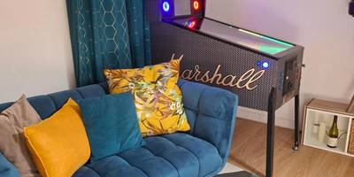 Salon avec canapé bleu et flipper vintage - Nuit Romantique, Spa, Champagne, Cinéma, Flipper - Escapade Veyloise