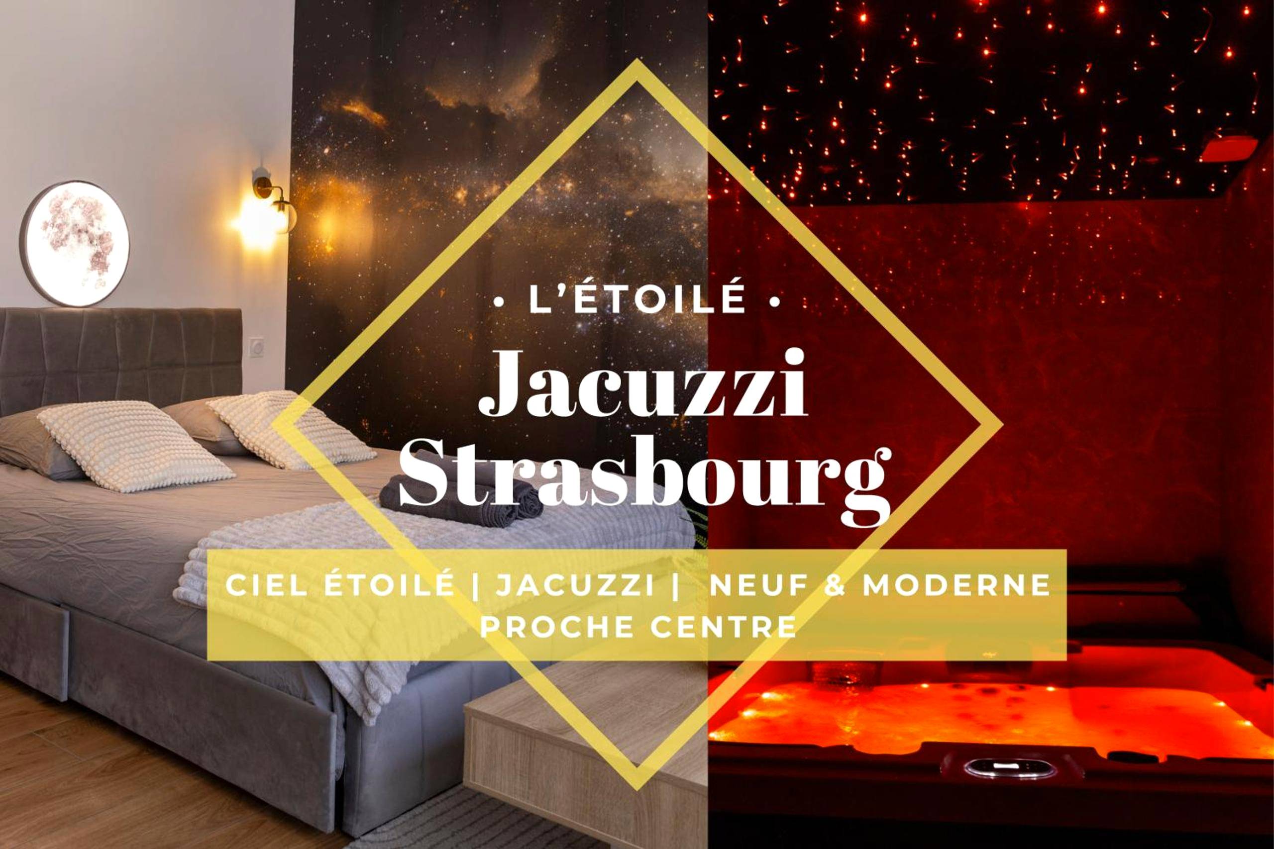 Chambre avec lit double et jacuzzi illuminé - Love Room Strasbourg - L'étoilé Strasbourg Jacuzzi Détente & Confort