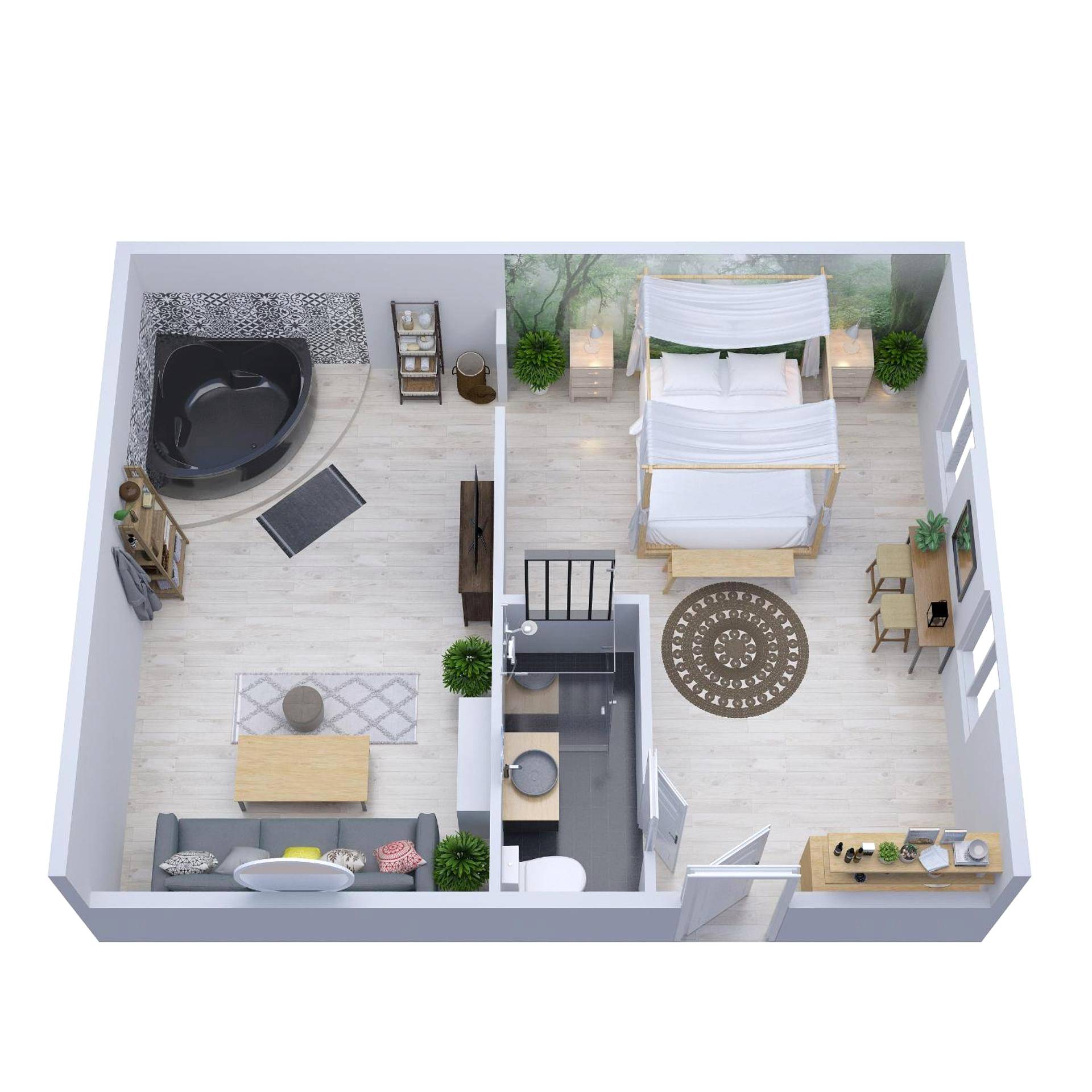 Plan 3D de l'agencement du logement - L'Evasion romantique en Amazonie, SPA, Écran cinéma, day use, Lit baldaquin
