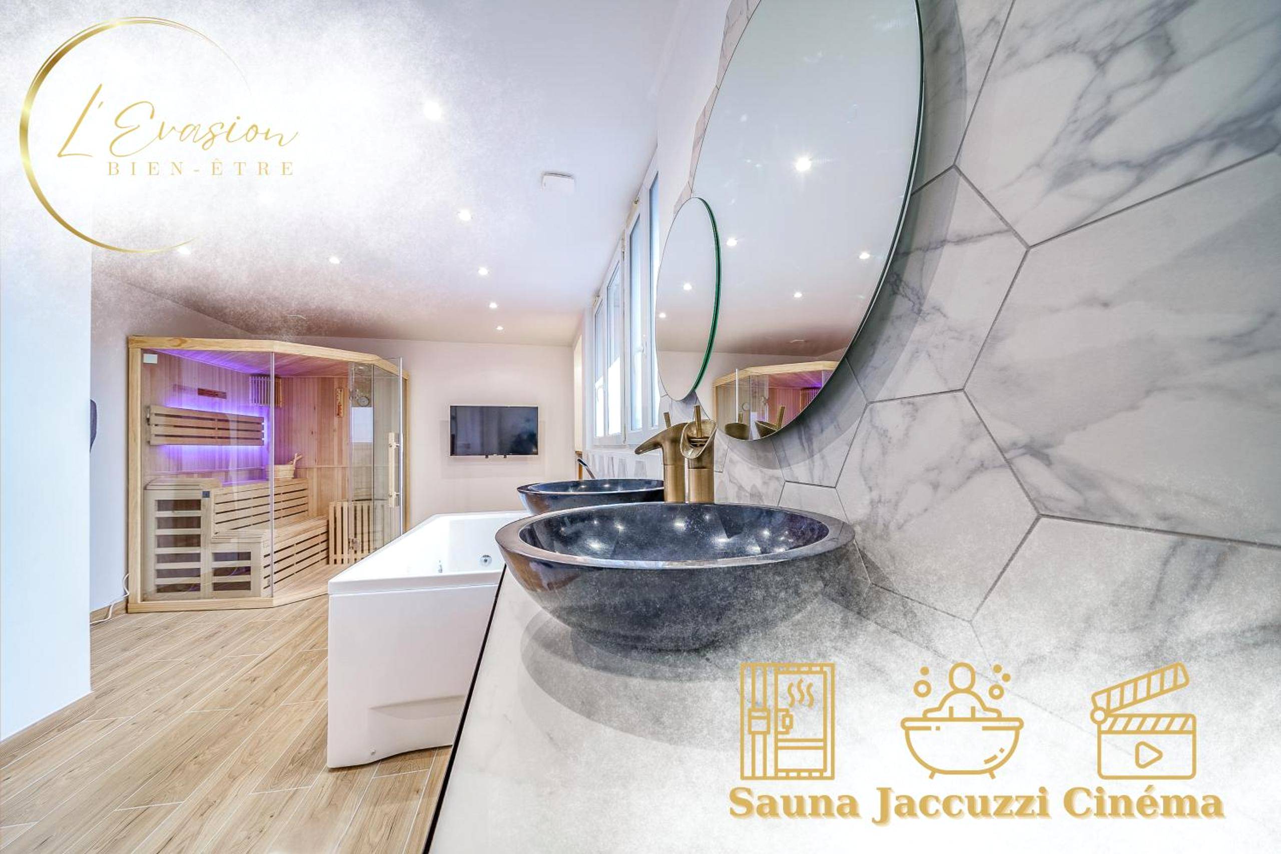 Vasques en pierre et sauna avec éclairage LED - Love Room Tours - L'Evasion - Sauna Jacuzzi Cinema