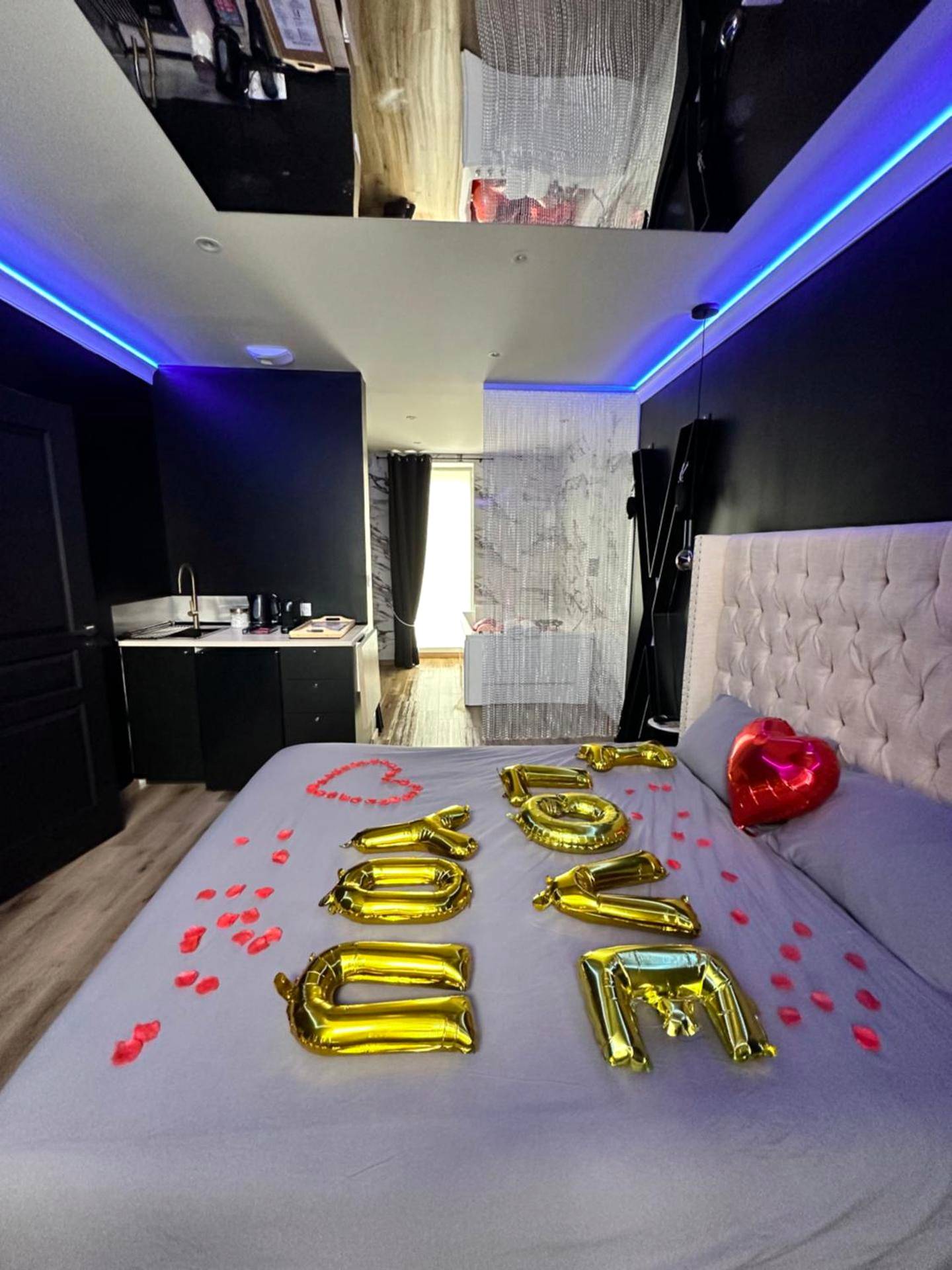 Vue d'ensemble avec coin cuisine et lit décoré - Exclusive Room BLOIS - Love Room