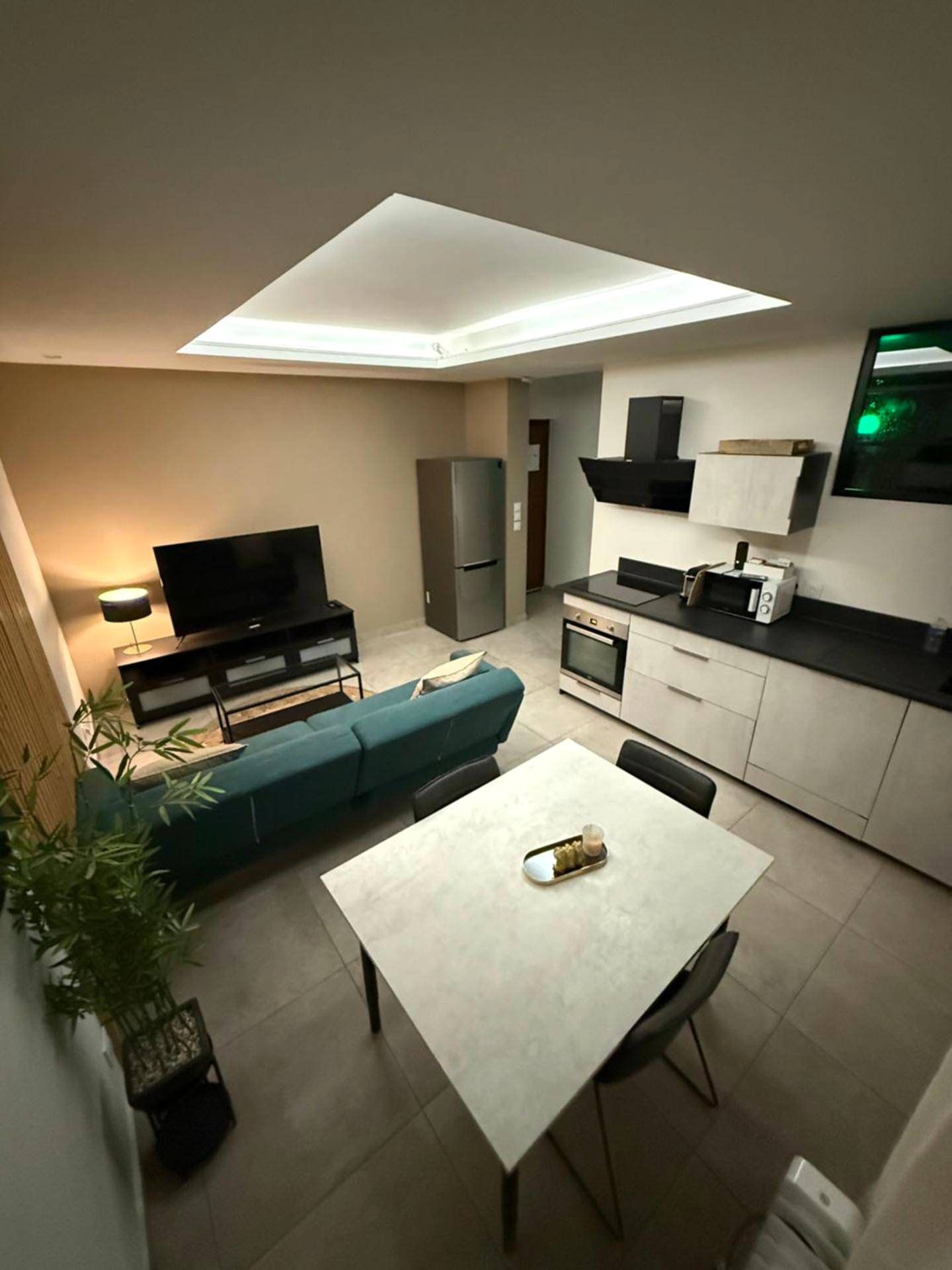 Salon ouvert avec cuisine équipée et canapé - Love Room Grenoble - L'extasia appartement Grenoble