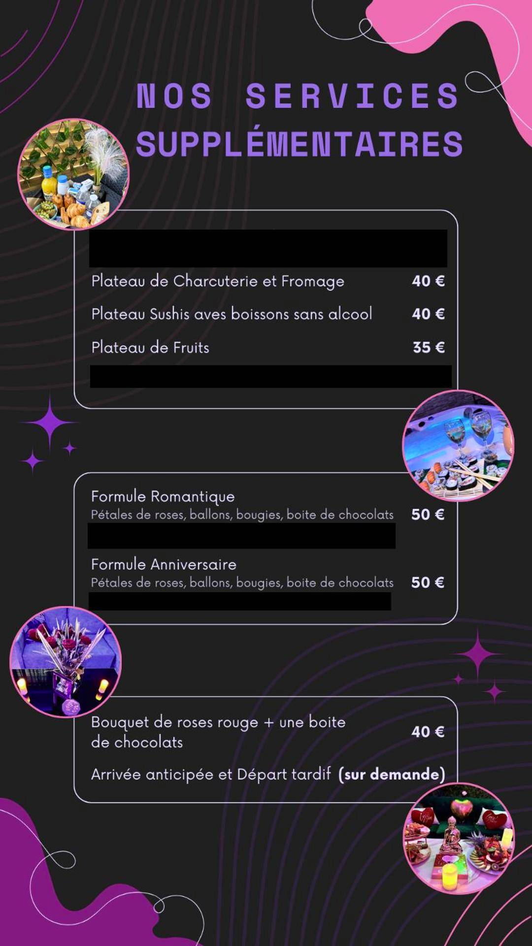 Menu des services et formules romantiques - GALAXY SPA - Suite Neptune Jacuzzi et Sauna Privatif