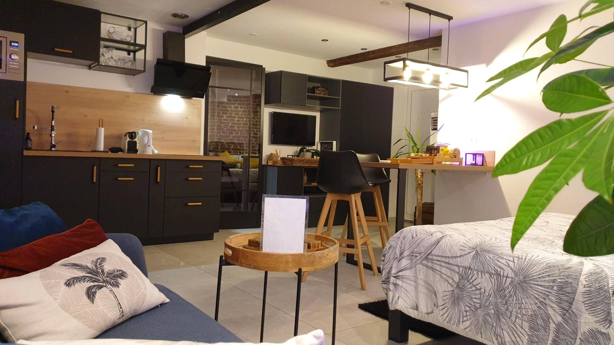 Espace de vie avec canapé et lit double - GARY Suite - Studio Cosy, Spa et jardin privatif à 4 min de Cambrai