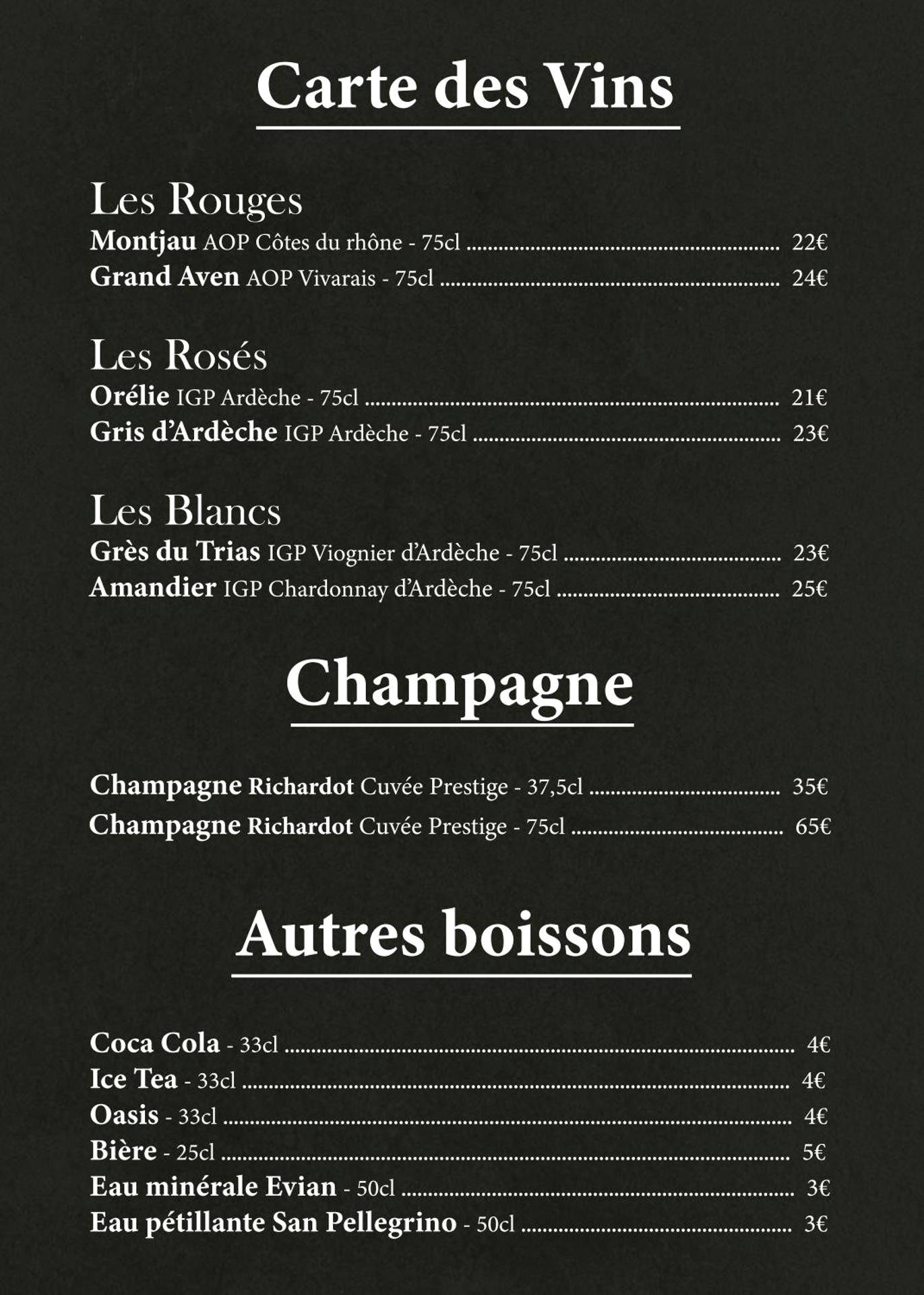 Carte des vins et boissons - Gîte de charme Haut de Gamme avec Jacuzzi et Sauna privatifs