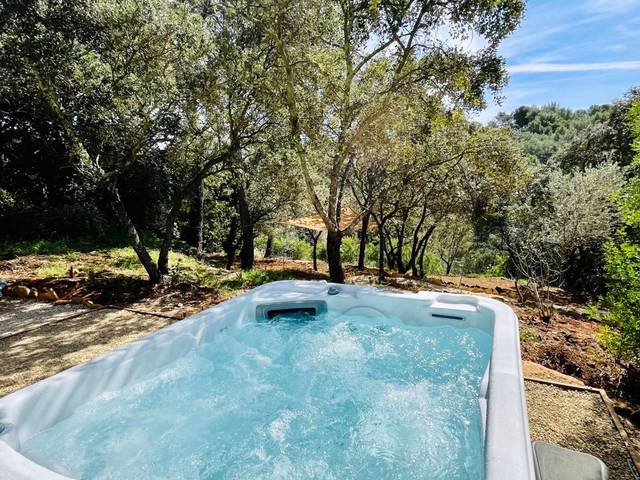 Jacuzzi extérieur bouillonnant sous les arbres - Love Room Le Beausset - La grange des amoureux piscine jacuzzi et massages