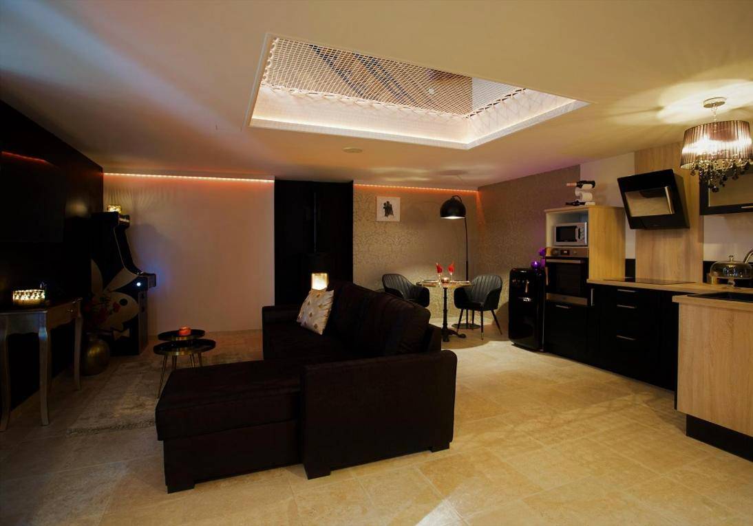 Espace vie avec canapé, cuisine et borne arcade - Harmonie Gîte et SPA