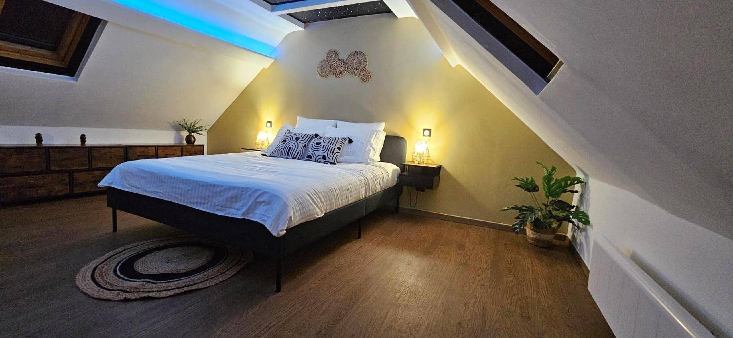 Chambre mansardée avec lit double et néon bleu - L'Hortillon