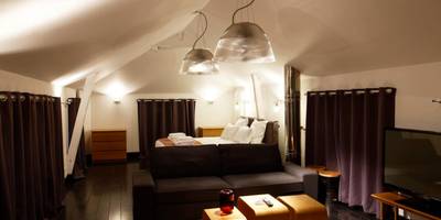 Salon mansardé avec canapé et lit en fond - L'HOTEL PARTICULIER - LE MANS