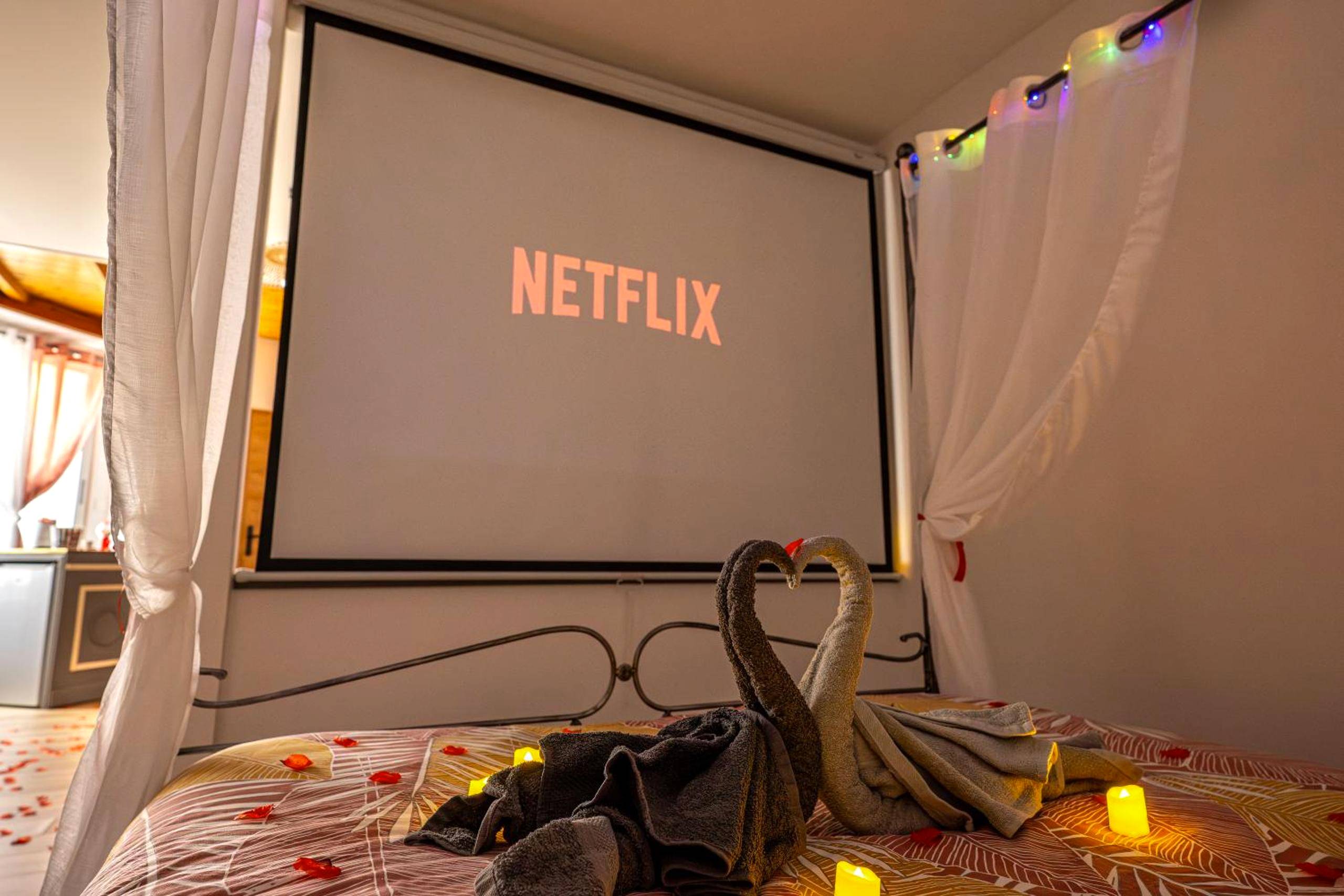 Écran de projection face au lit avec cygnes - Il Était Une Fois - GAP Chambre romantique & SPA