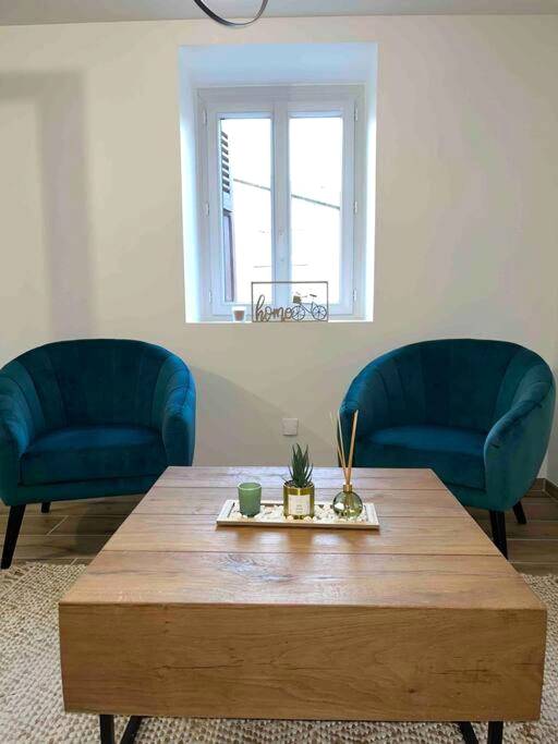 Salon avec fauteuils en velours bleu - L’insolite airbnb