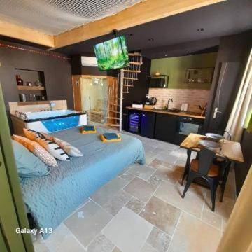 Vue d'ensemble avec lit, cuisine et jacuzzi - instant à deux