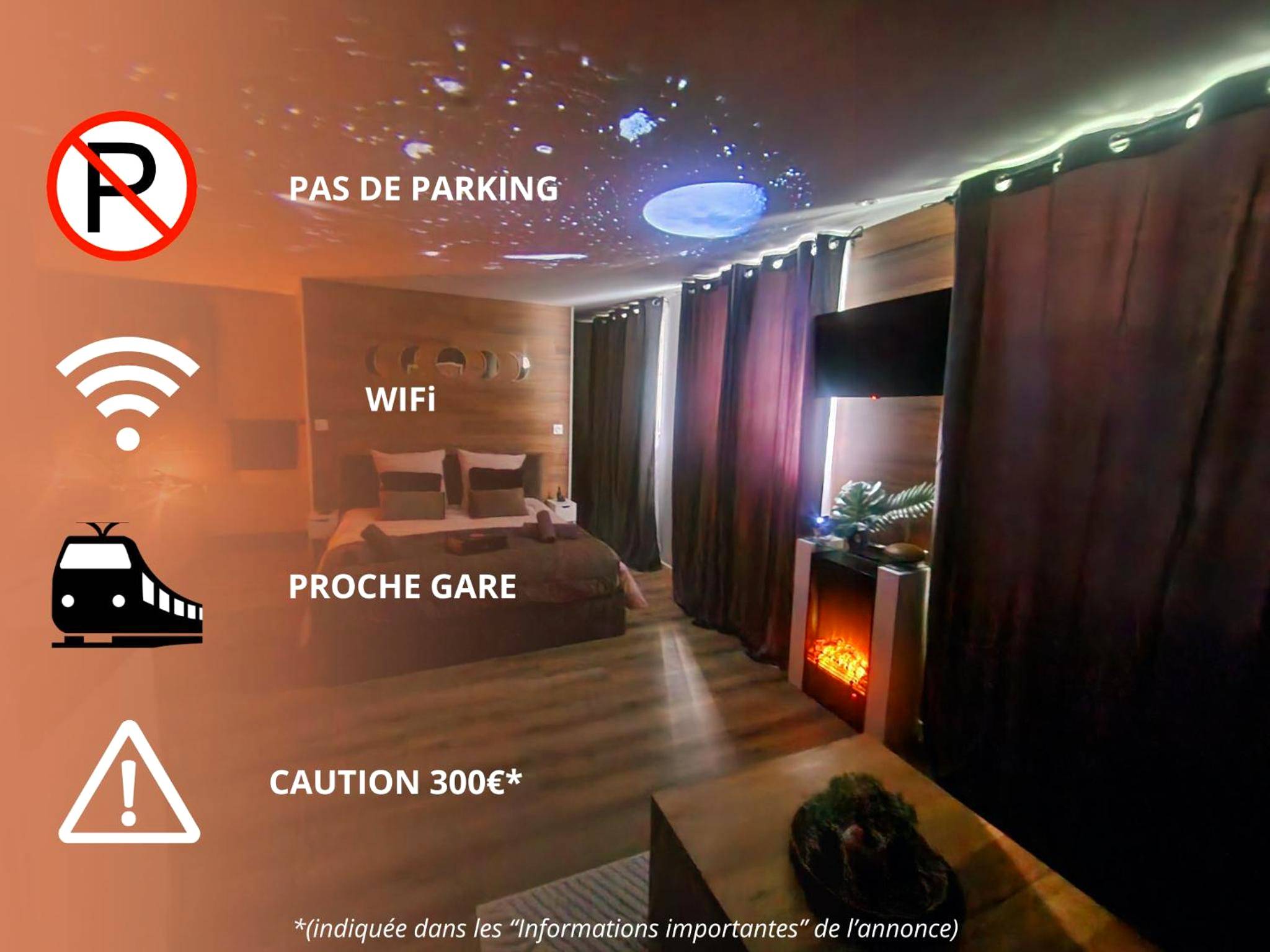 Chambre avec projecteur ciel étoilé et cheminée - Love Room Caen - L'instant Plaisir - Suite Bien Etre