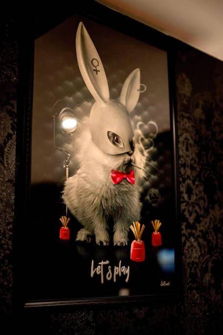 Tableau décoratif lapin avec masque et nœud rouge - Love Room Val de Virvée - * Love Room jacuzzi *