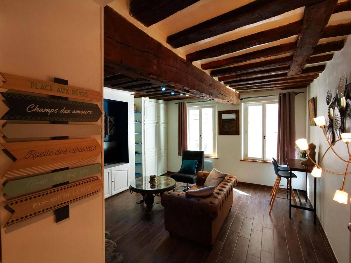 Salon chaleureux avec poutres apparentes - Appartement et Jacuzzi privatif, cœur de Chartres.