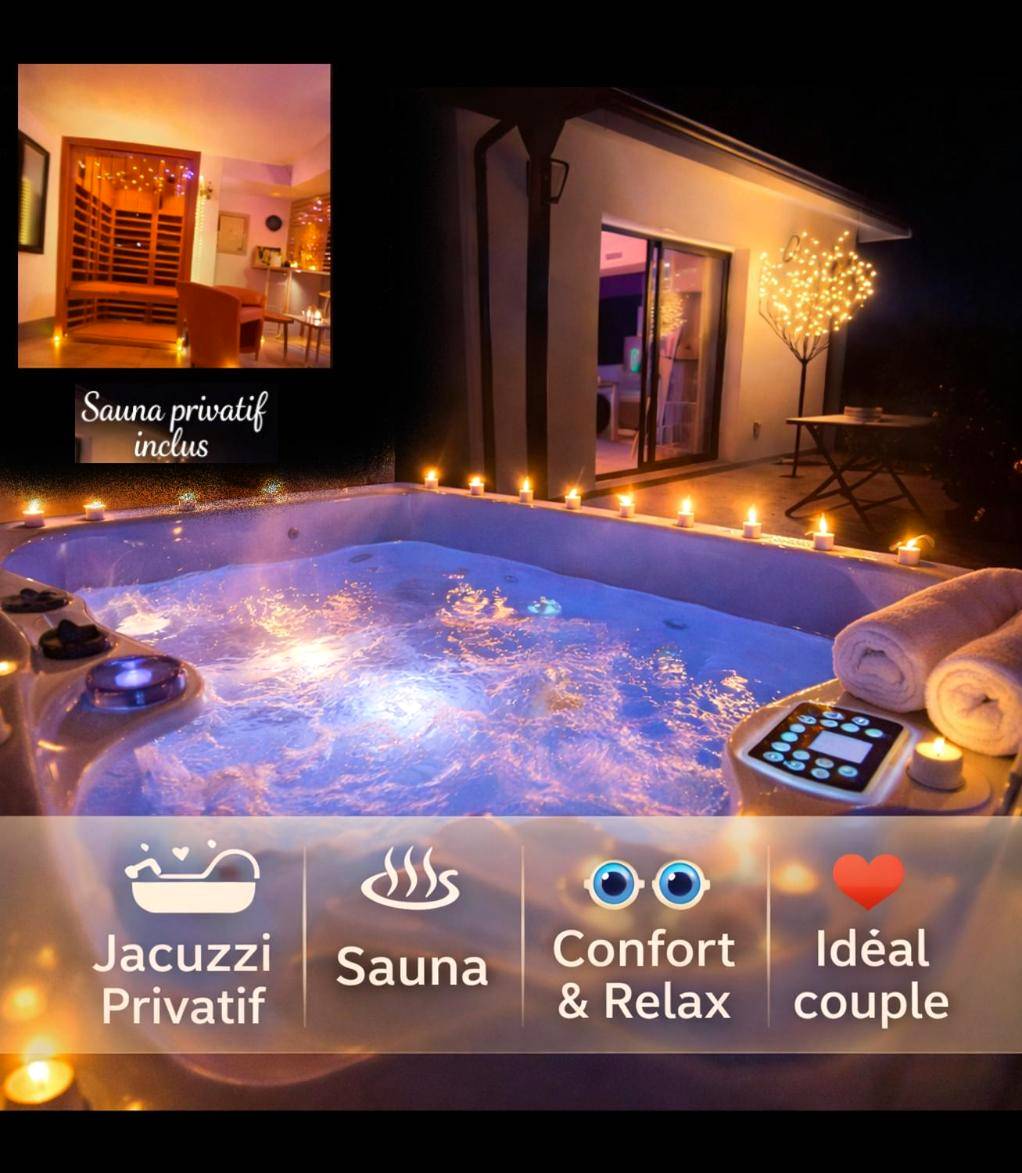 Jacuzzi extérieur éclairé et sauna privatif - Love Room Biscarrosse - Un Séjour Romantique en couple avec Jacuzzi privé...