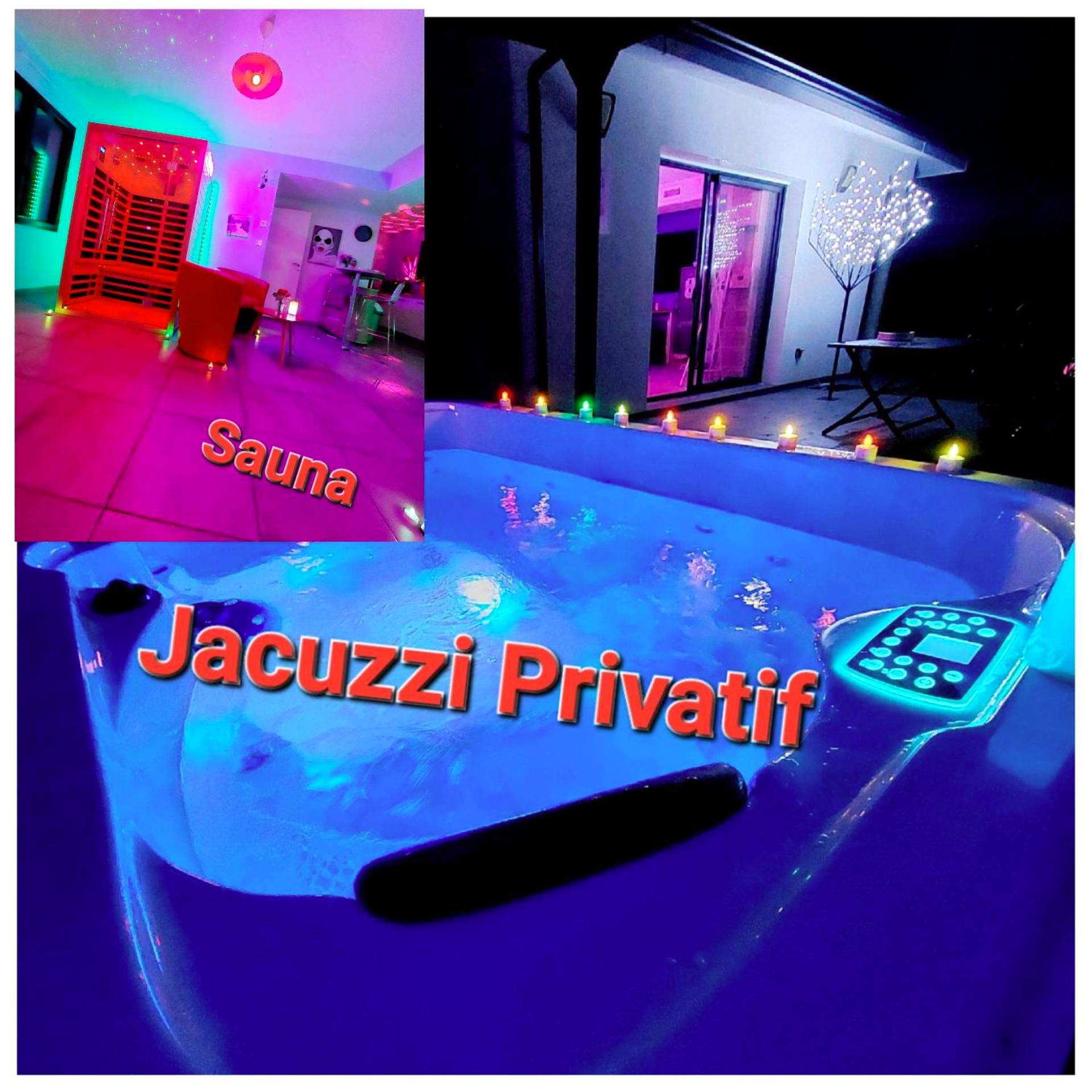 Jacuzzi privatif avec éclairage bleu nocturne - Un Séjour Romantique en couple avec Jacuzzi privé Chromothérapie Jardin...