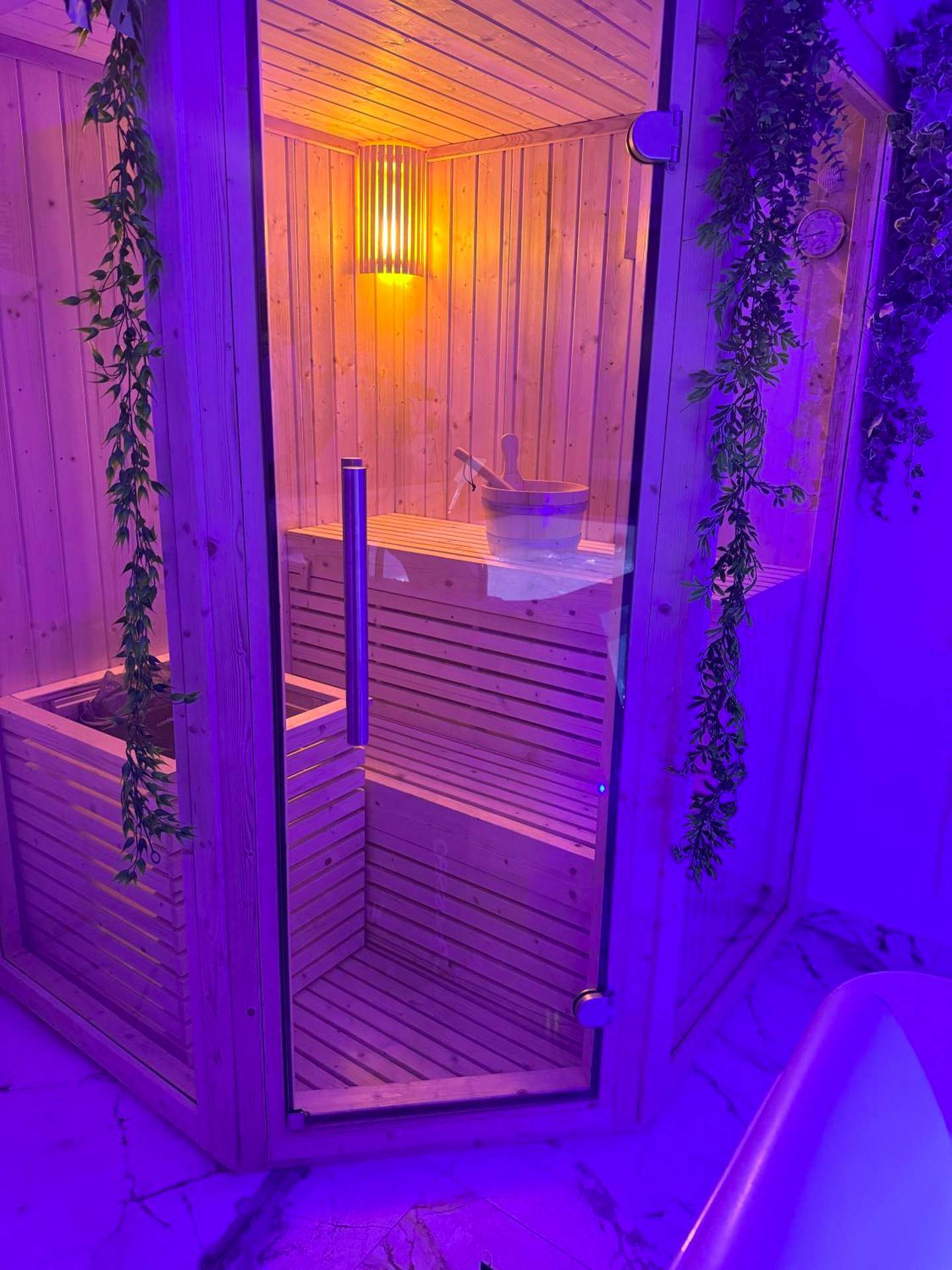 Sauna traditionnel en bois avec porte vitrée - Loveroom de luxe avec jacuzzi sauna vapeur écran 300 cm