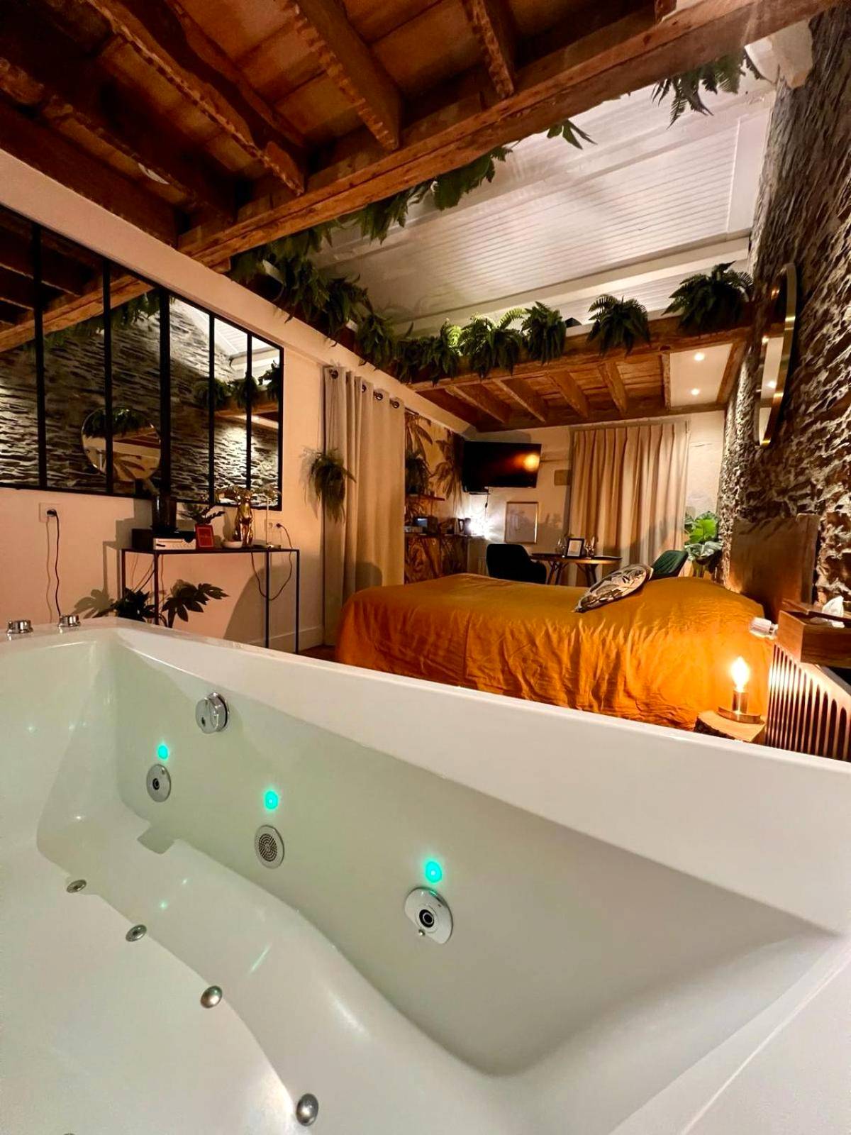 Baignoire balnéo face au lit king size - LOVE ROOM JUNGLE - LES PETITS PLAISIRS