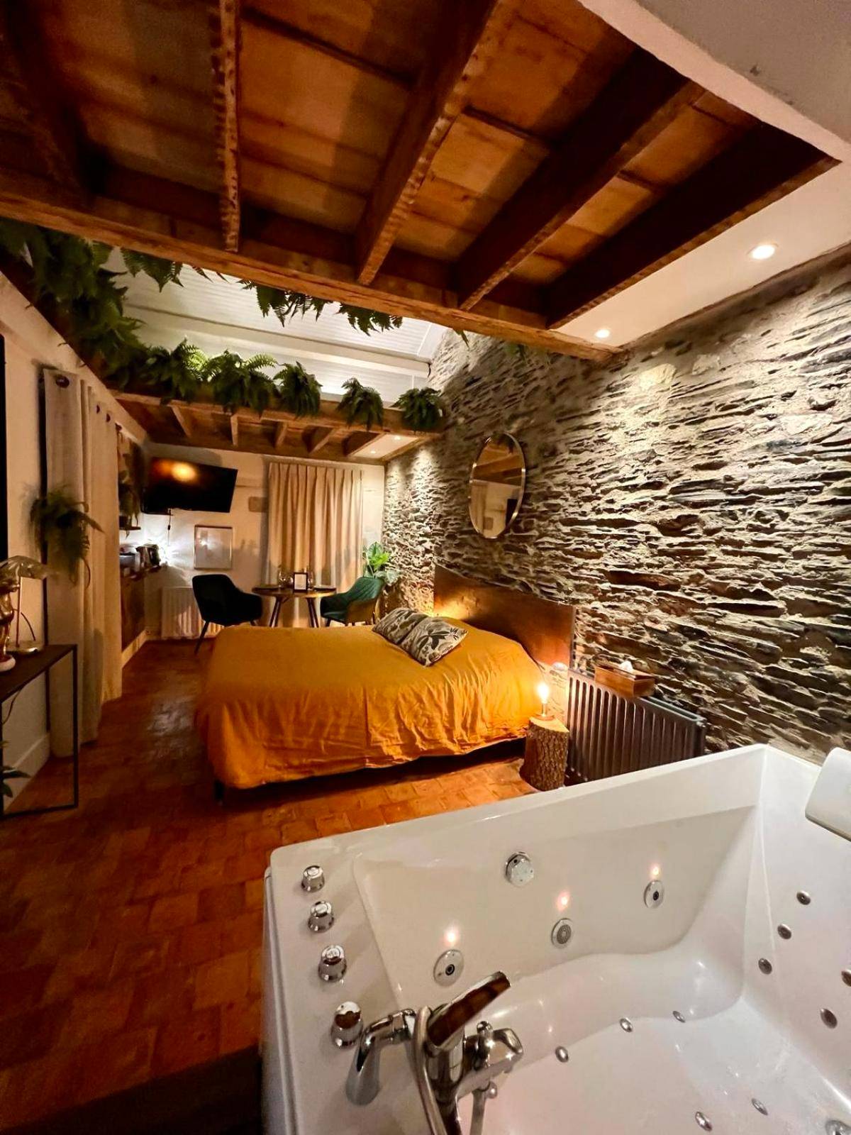 Vue d'ensemble avec jacuzzi et lit double - LOVE ROOM JUNGLE - LES PETITS PLAISIRS