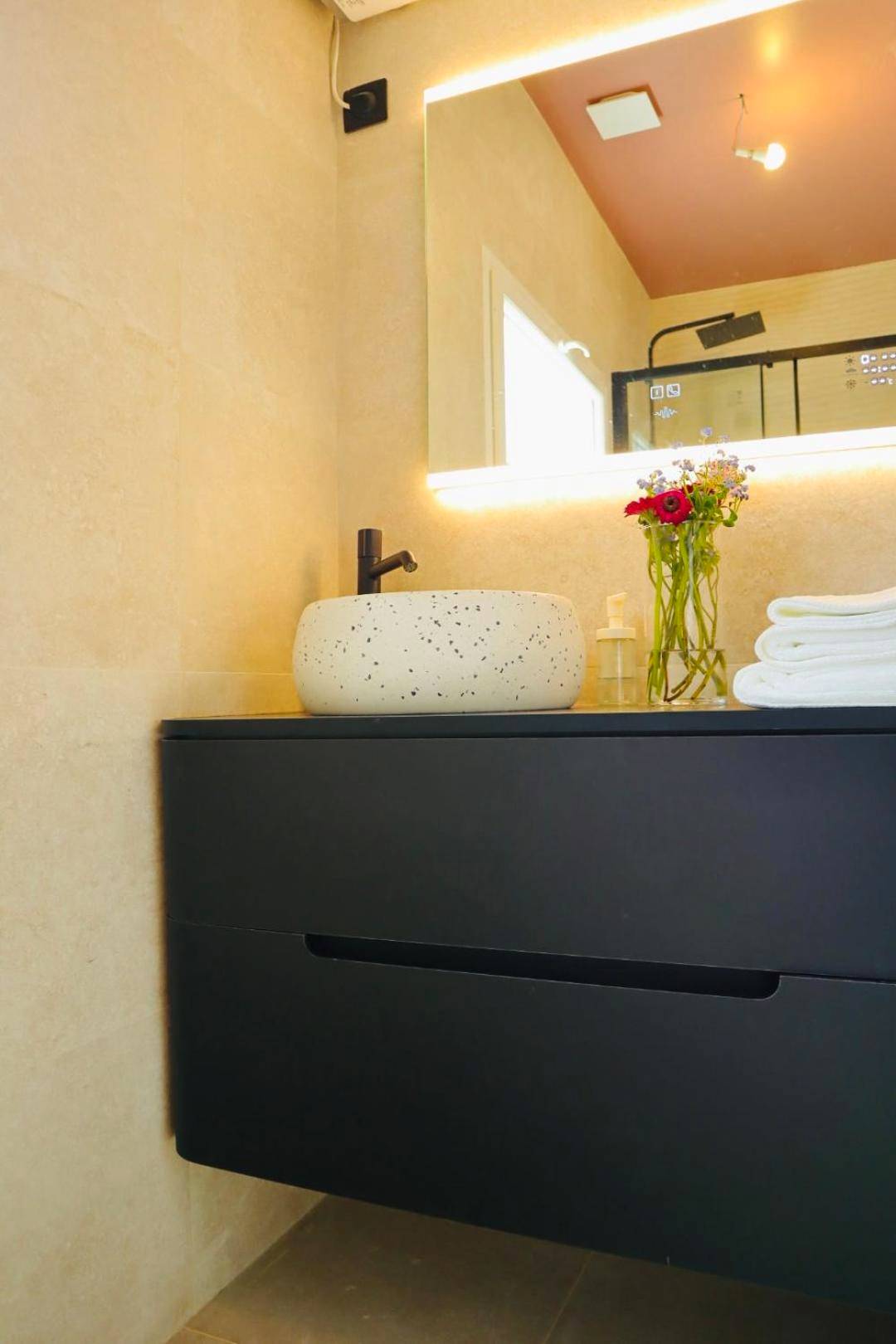 Vasque design et miroir rétroéclairé - Li li et rose - Suite avec jacuzzi privatif