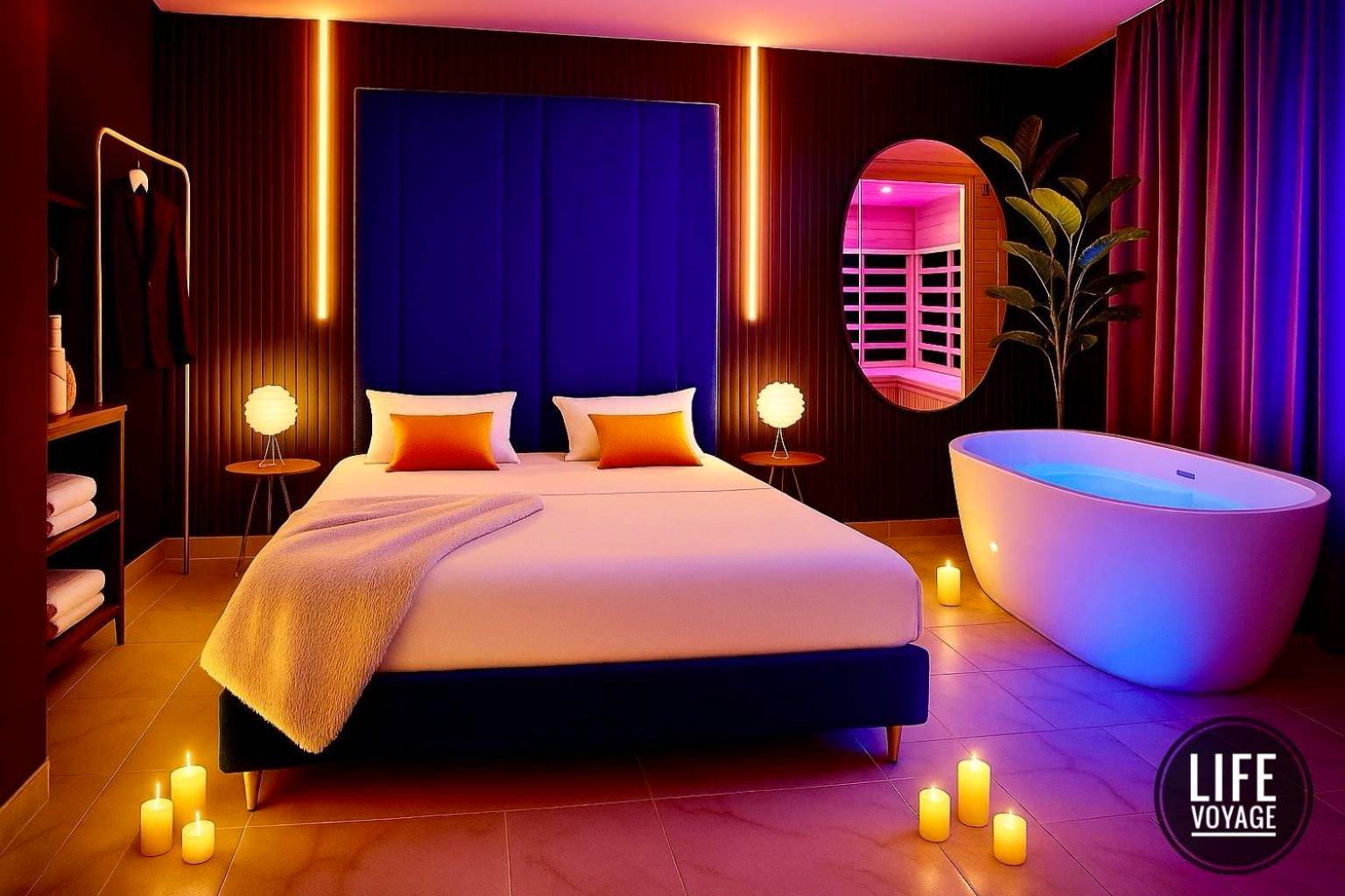 Chambre avec baignoire îlot et bougies - Love Room Strasbourg - LIFE VOYAGE & SPA - Strasbourg's City Center Luxury...