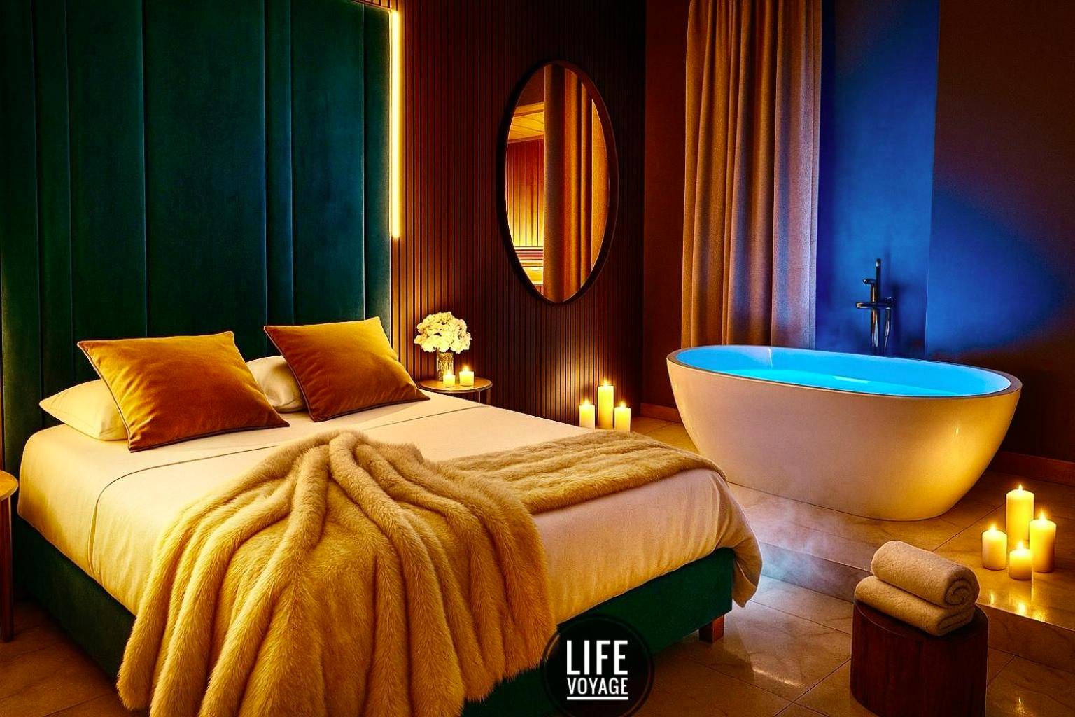 Lit double et baignoire avec éclairage bleu - LIFE VOYAGE & SPA - Strasbourg's City Center Luxury Experience
