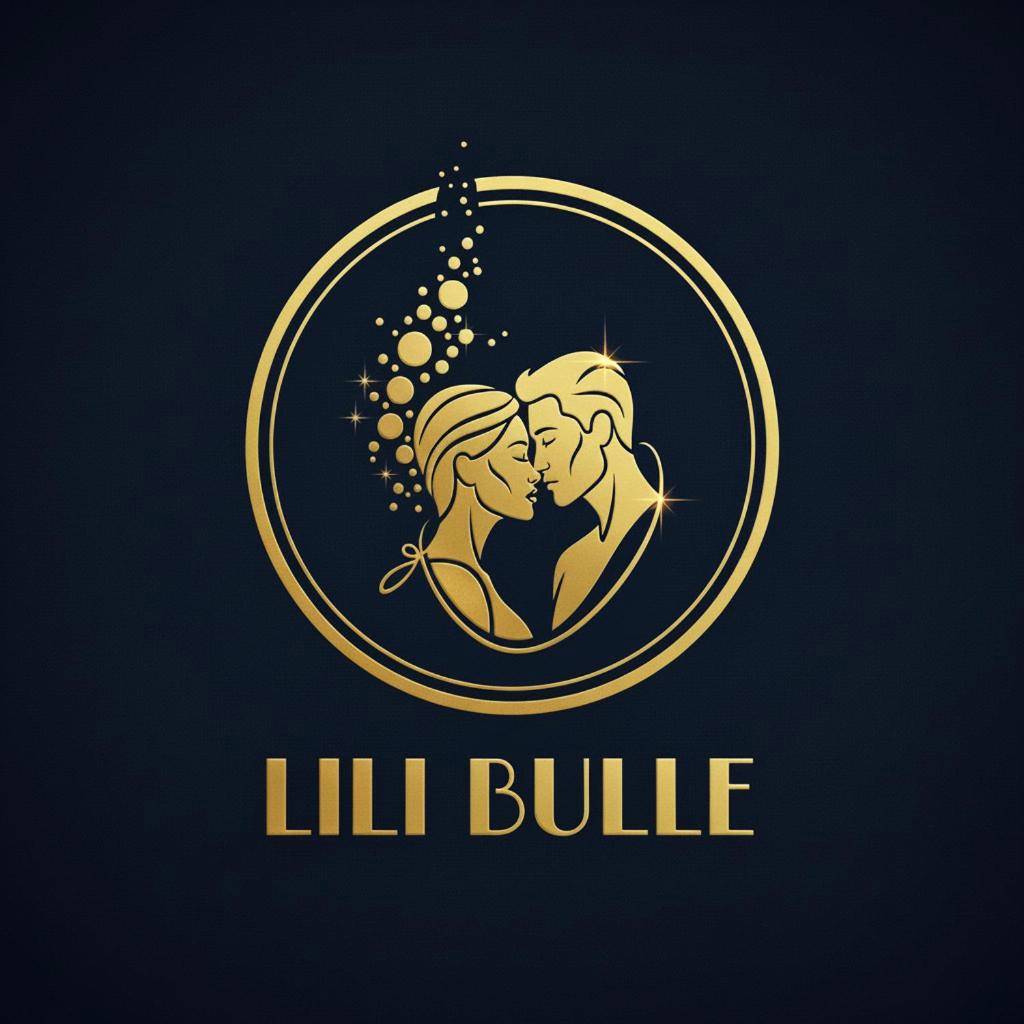 Logo doré avec couple enlacé et bulles - Love Room Sainte - Geneviève - Love Room Lili Bulle