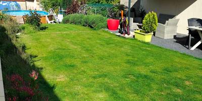 Grand jardin engazonné avec parasol et piscine - Loft en Champagne
