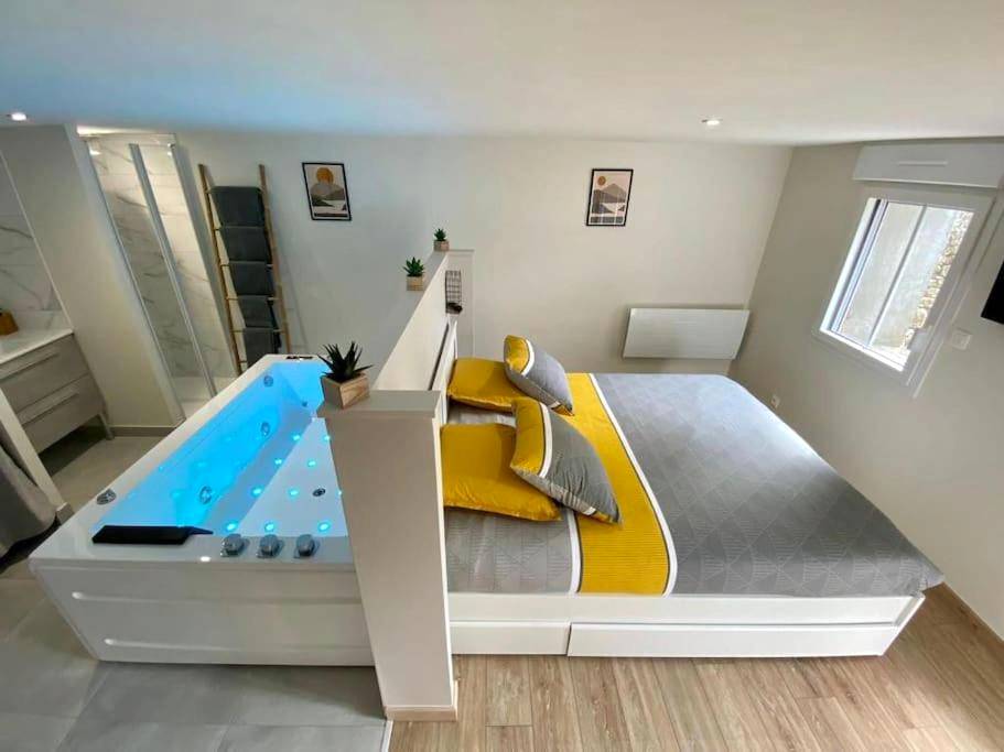 Chambre avec lit double et jacuzzi intégré - LOFT Jardin et Spa