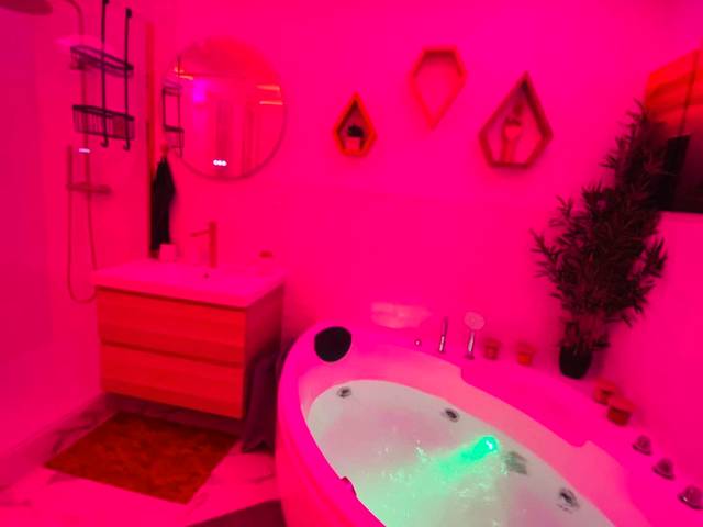 Baignoire balnéo lumineuse en ambiance rose - LOTUS - Studio équipé, Balnéo, Wi - Fi, Hypercentre