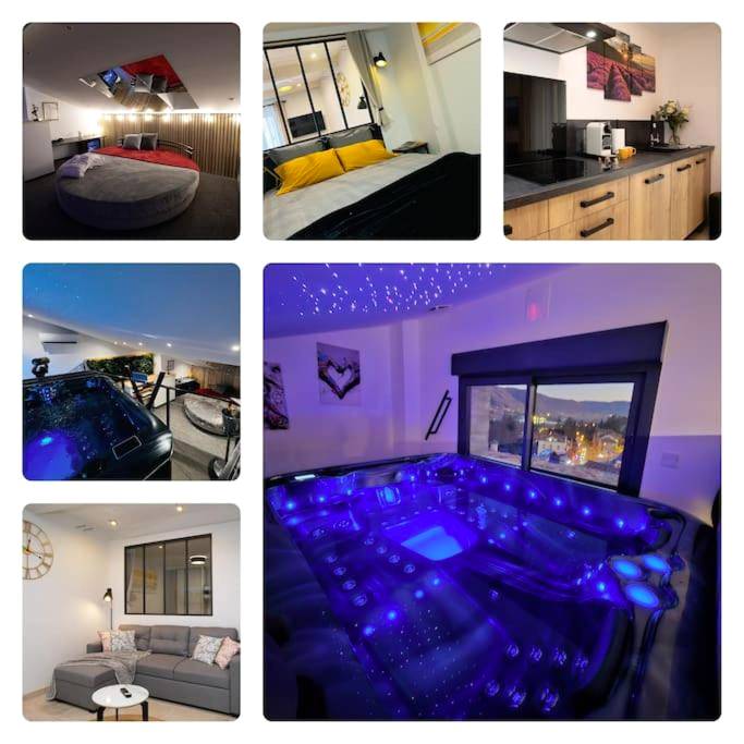 Jacuzzi avec vue nocturne sur la ville - Love Room Château - Arnoux - Saint - Auban - Love and Spa du Château