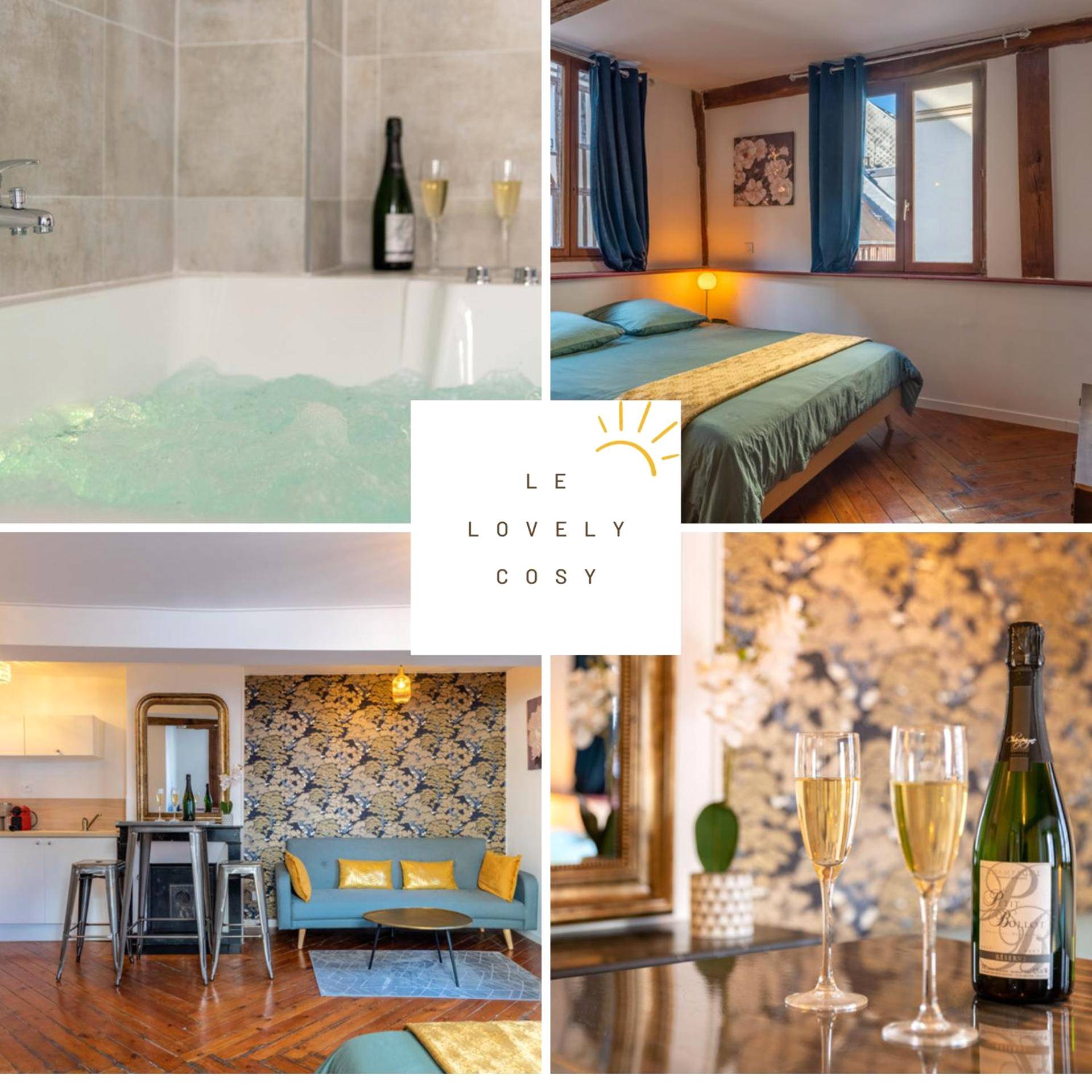 Salon avec canapé bleu et cuisine ouverte - Love Room Rouen - Le Lovely cosy jacuzzi centre - ville wifi