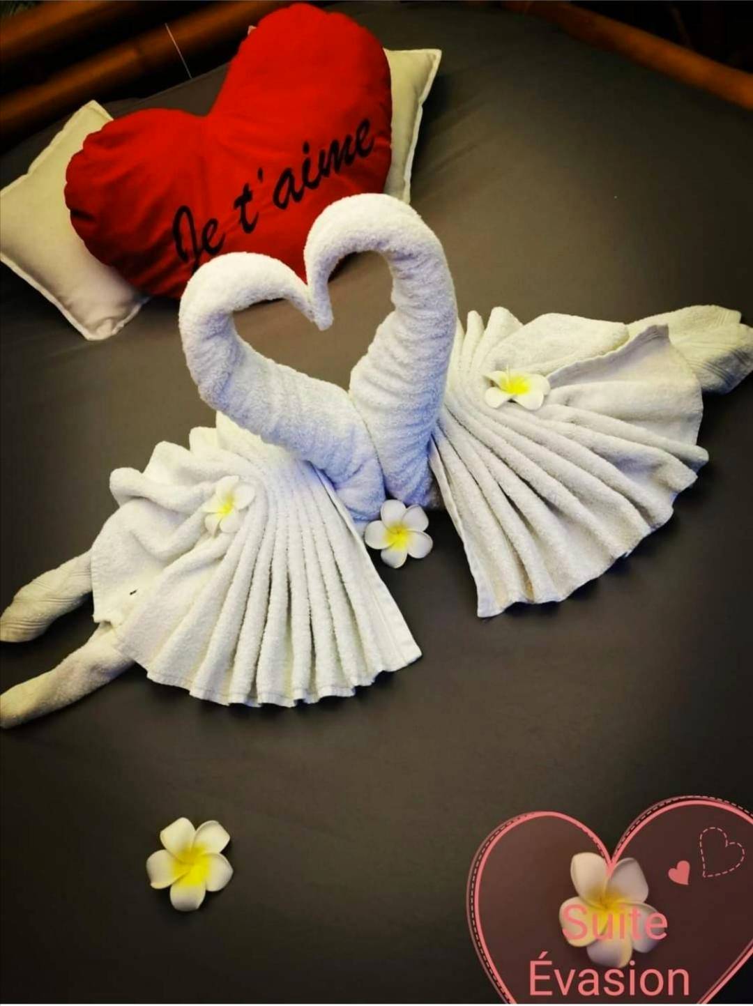 Cygnes en serviettes et coussin cœur sur le lit - L'Écrin de Neuf - Lovely