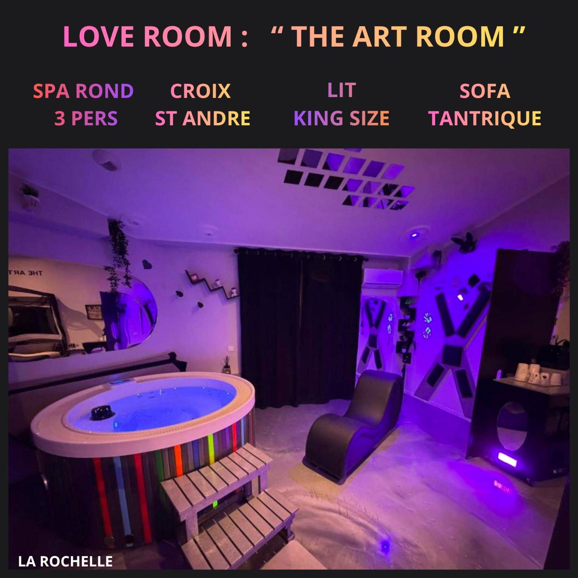 Spa rond et sofa tantrique sous lumière néon - Love Room La Rochelle - LoveroomL1TIMISTE TAR