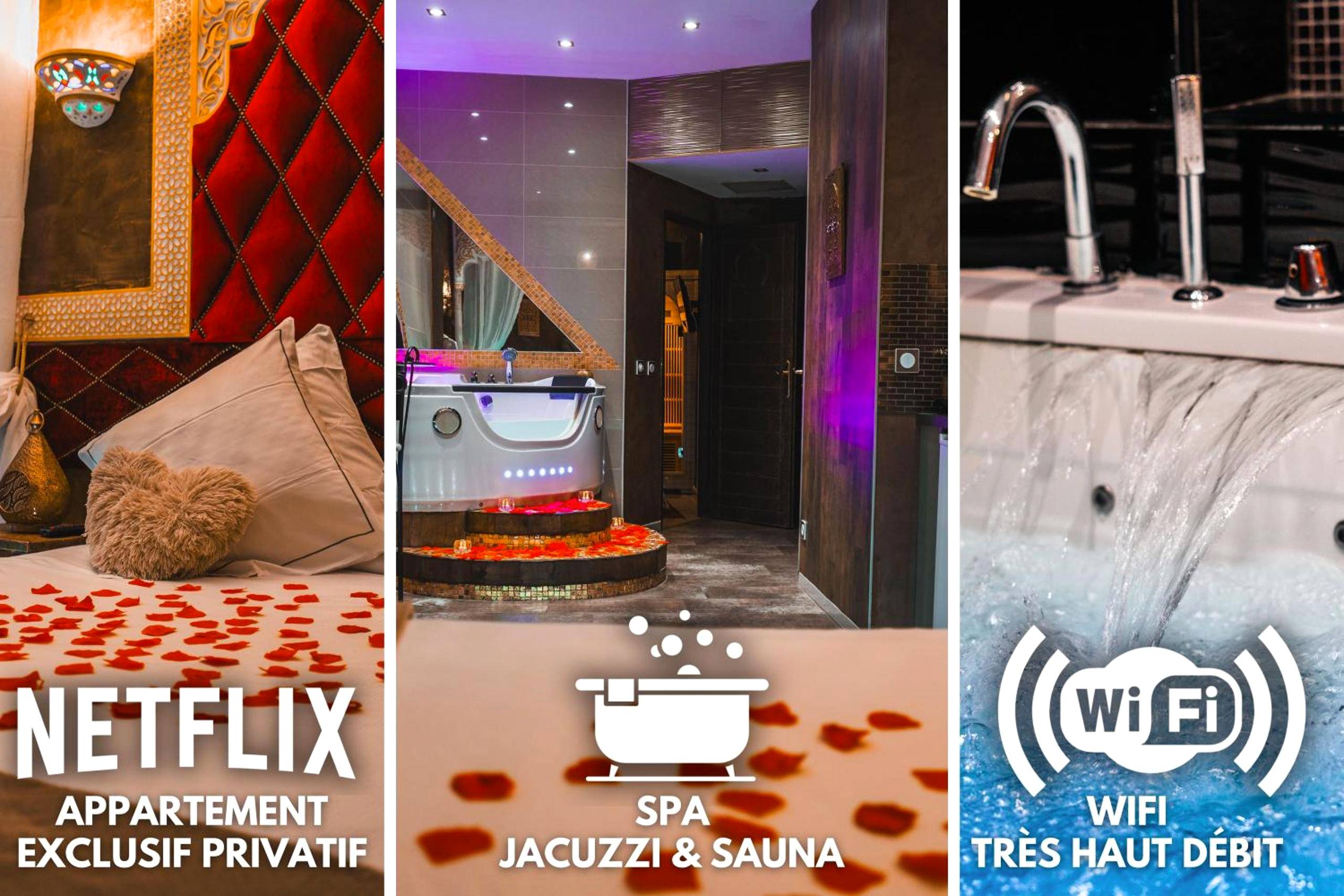 Lit avec pétales de rose et jacuzzi en fond - Love Room Lyon - Le Love Spa
