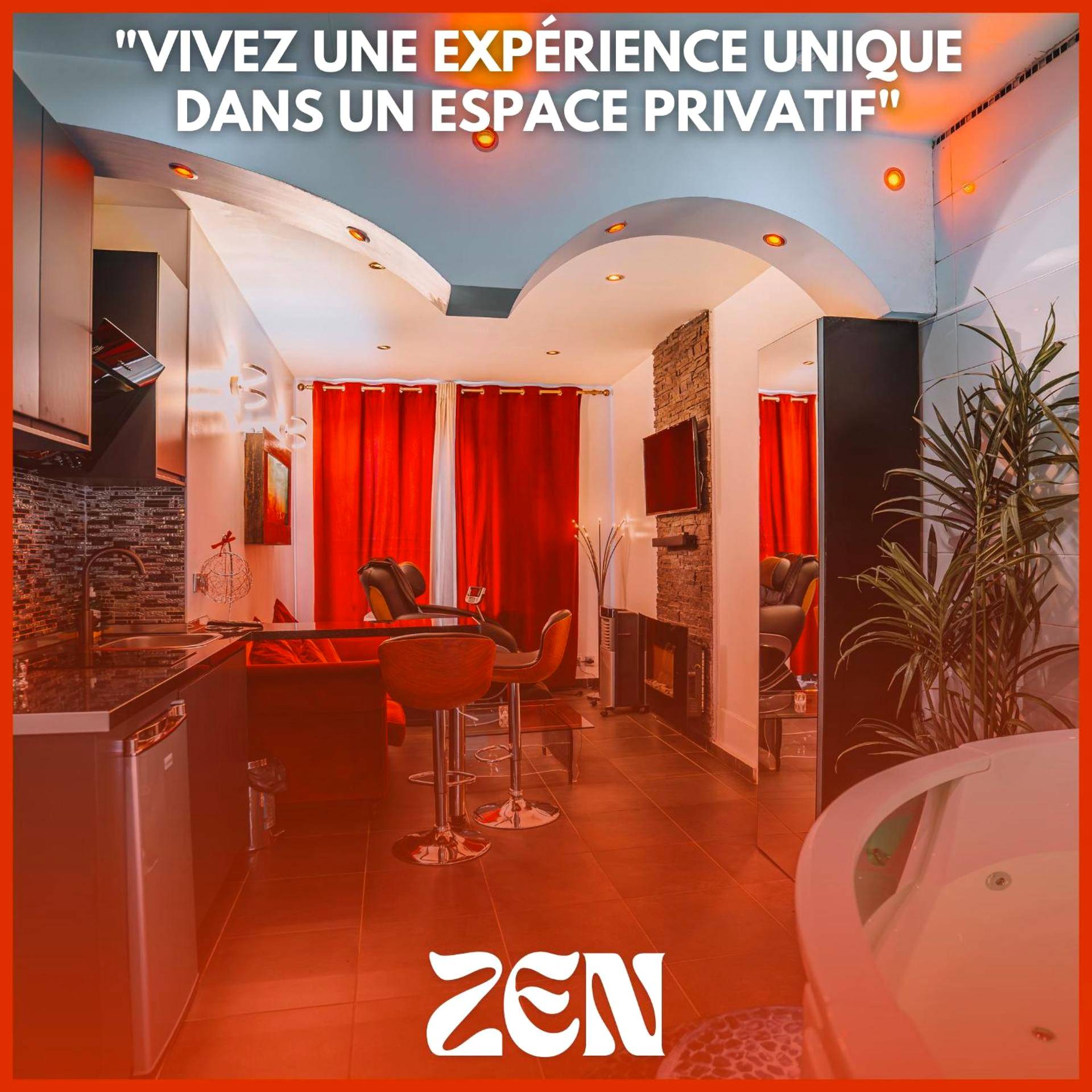 Espace de vie avec cuisine et jacuzzi - Le Love Spa