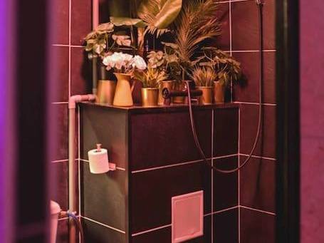 Espace douche et toilettes avec plantes vertes - Le Lux Spa