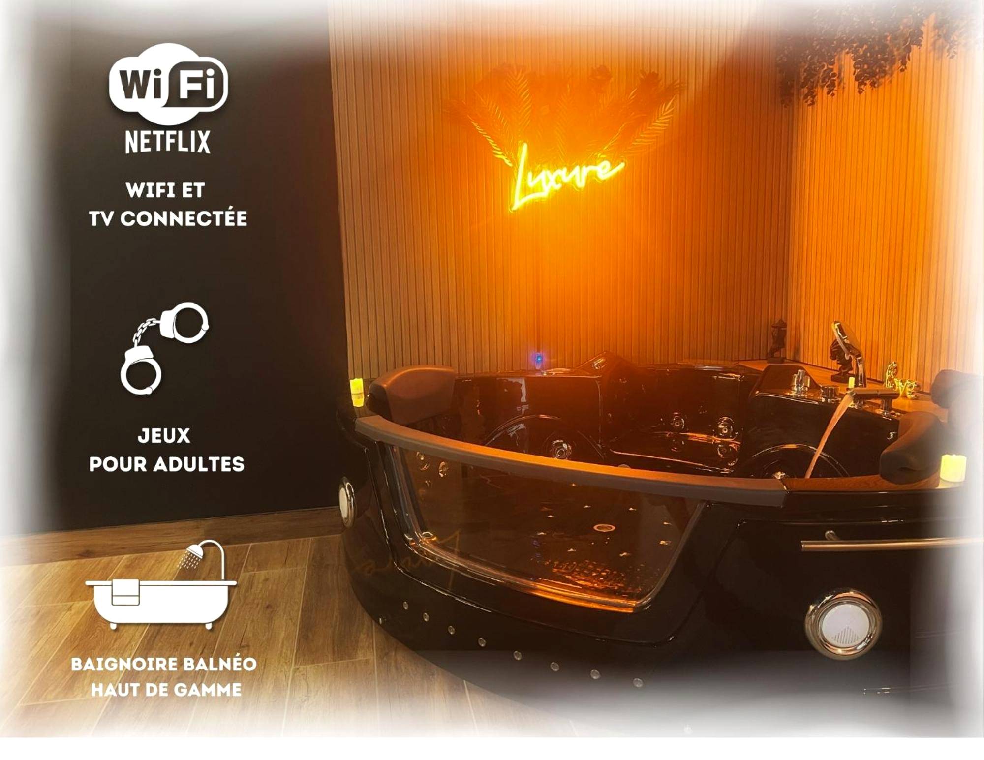 Baignoire balnéo ronde avec néon Love - Love Room Jonzac - Love Room Luxure 50 Nuances