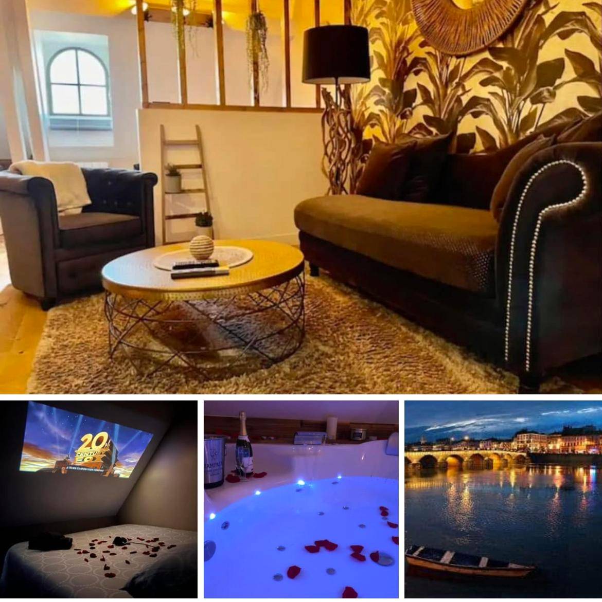 Lit avec pétales de rose et vidéoprojecteur - Séjour détente au cœur de MÂCON spa,ciné,bouteille offerte