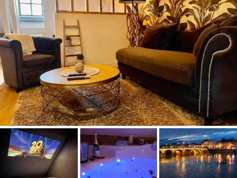 Lit avec pétales de rose et vidéoprojecteur - Séjour détente au cœur de MÂCON spa,ciné,bouteille offerte