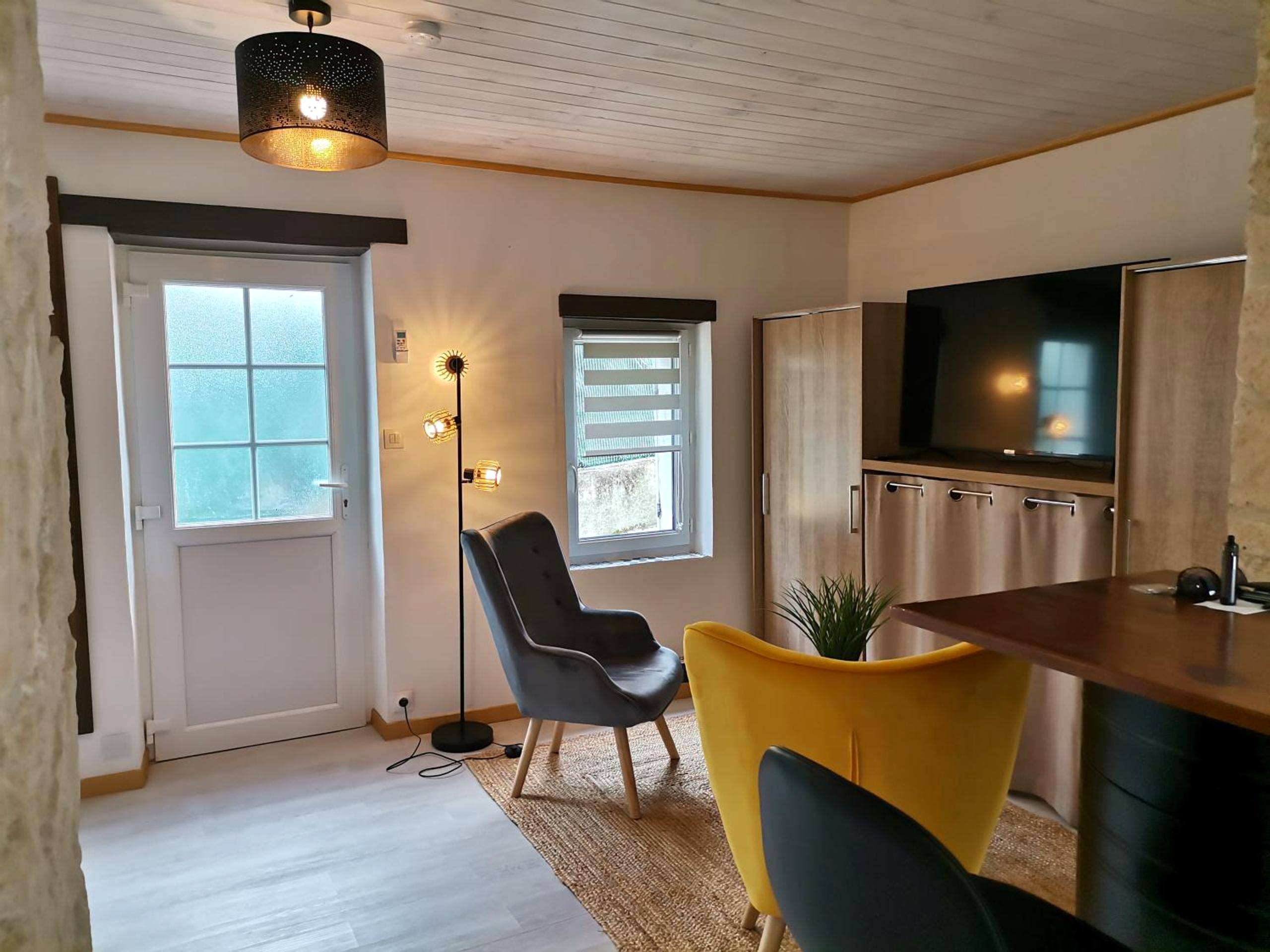 Salon avec fauteuils design et télévision - maison avec jaccuzi privatif