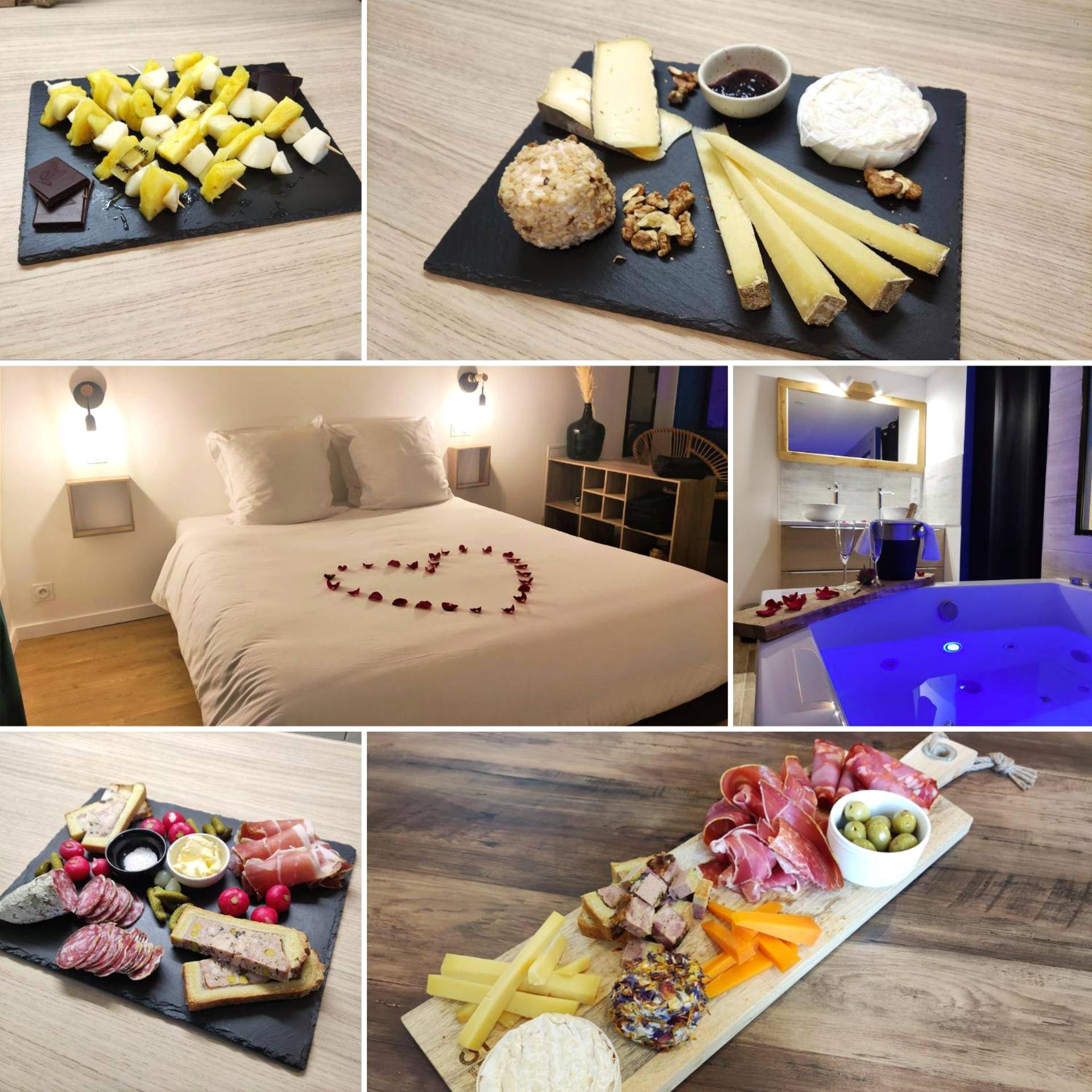 Pêle - mêle de planches apéritives et lit décoré - Maison de ville, SPA Balnéo, 2 suites parentales