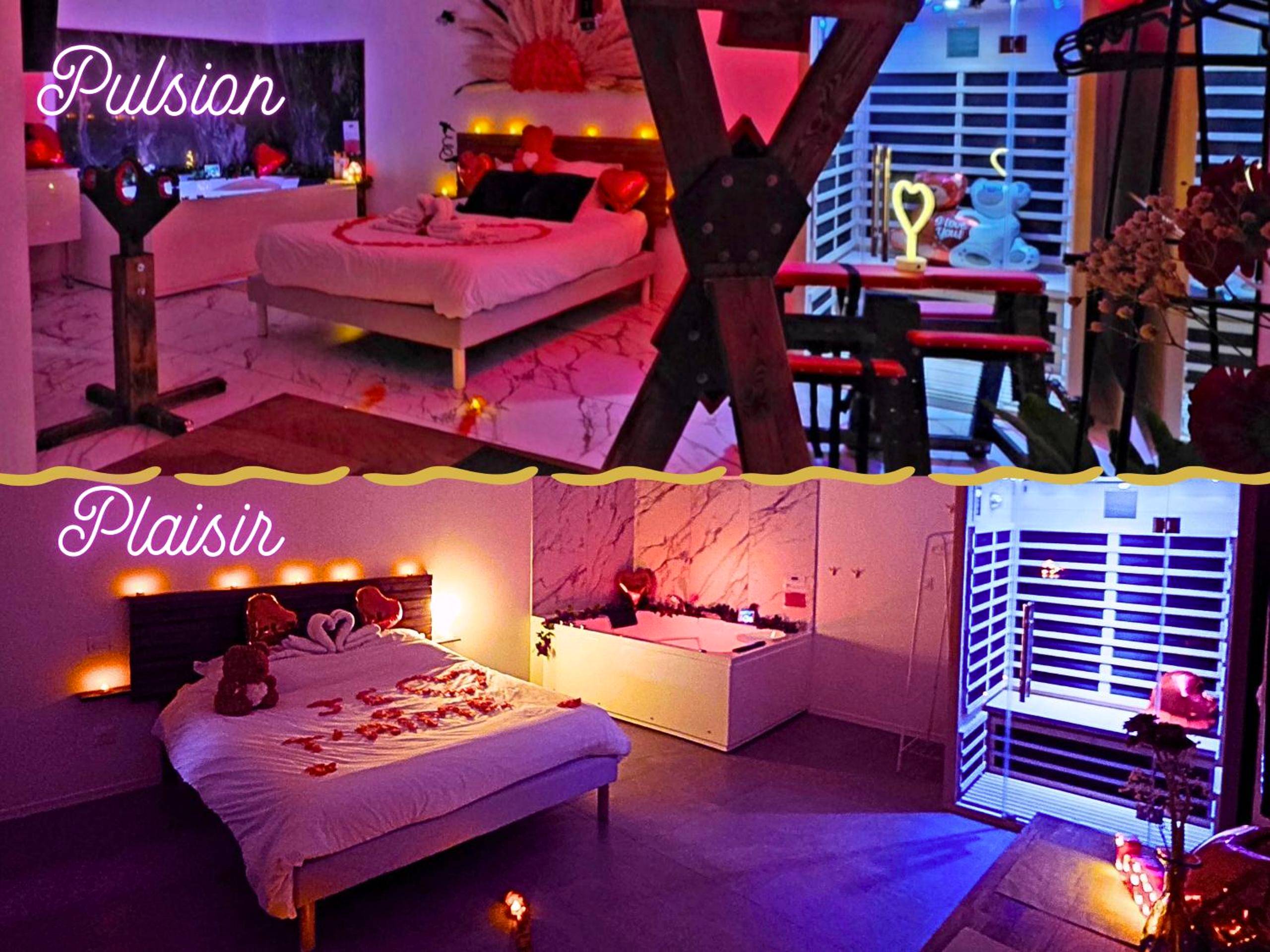 Lit avec pétales de rose et jacuzzi privatif - Love Room Allauch - Maisons Plaisir & Pulsion Spa Sauna Privé